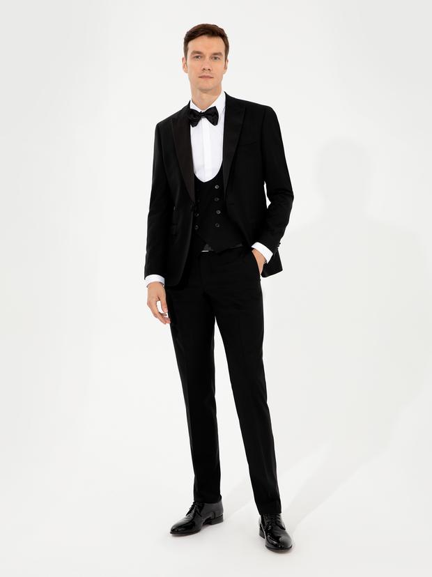 Siyah Slim Fit Yelekli Smokin Damatlık