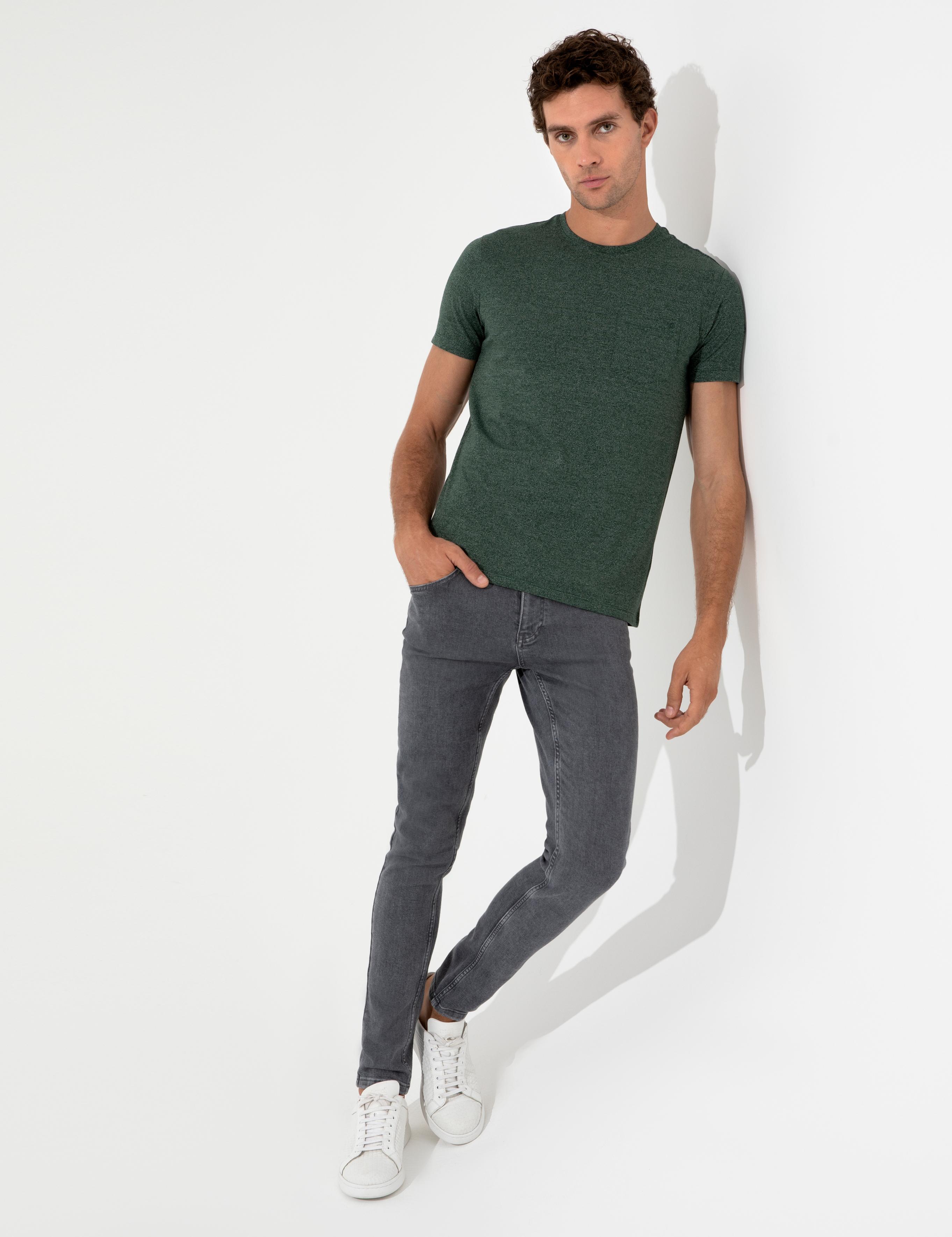 Koyu Yeşil Bisiklet Yaka Slim Fit T-Shirt - 50240270011