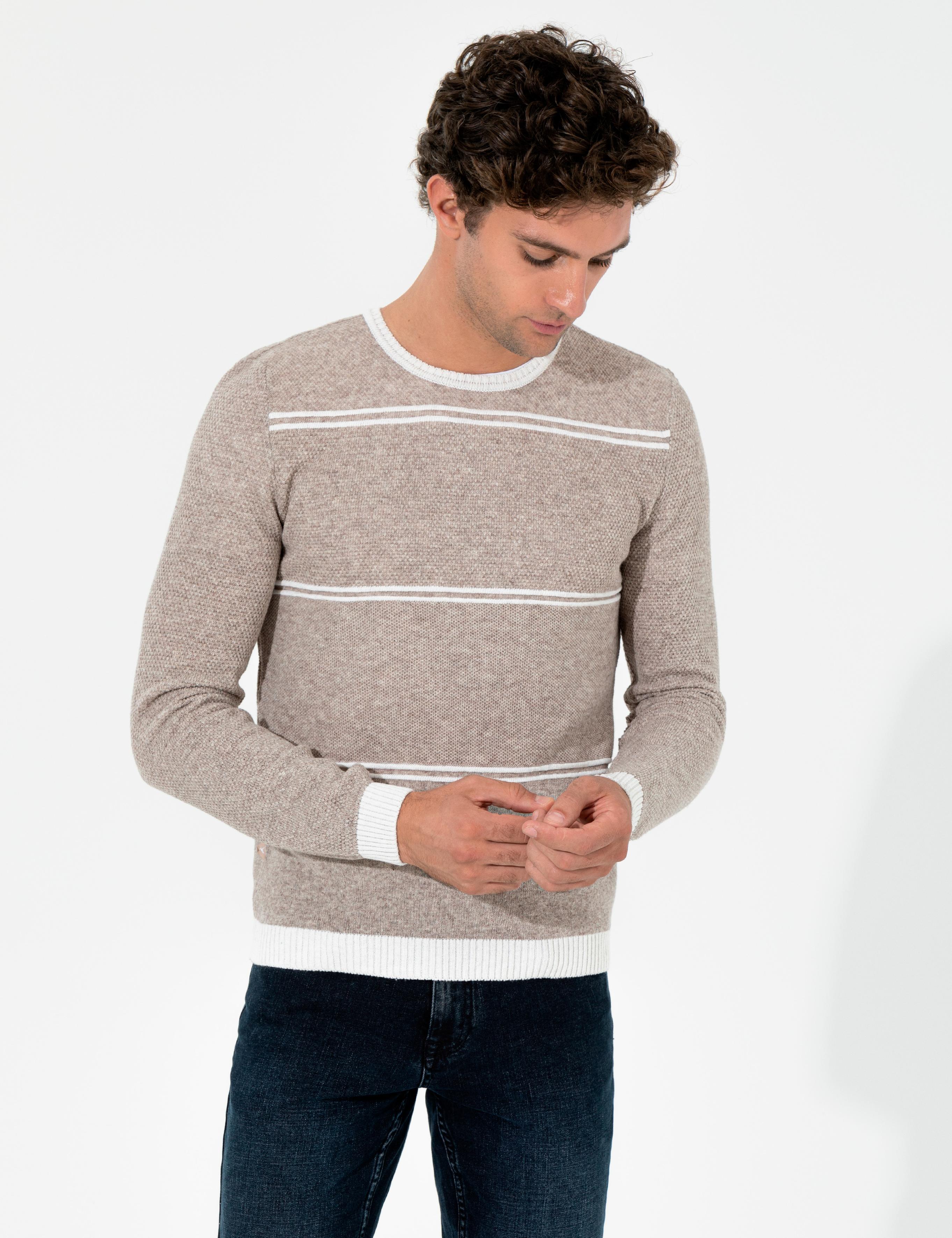 Bej Slim Fit Yün Karışımlı Bisiklet Yaka Triko Kazak - 50258829018