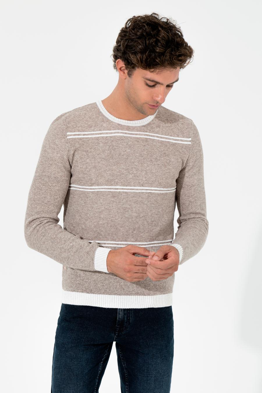 Bej Slim Fit Yün Karışımlı Bisiklet Yaka Triko Kazak - 50258829018