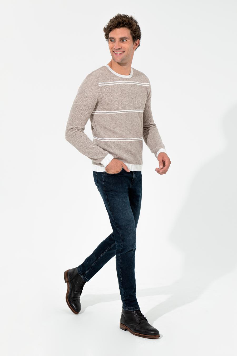 Bej Slim Fit Yün Karışımlı Bisiklet Yaka Triko Kazak - 50258829018