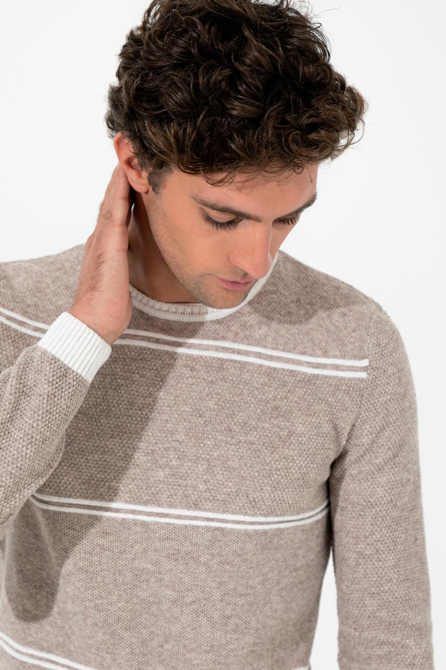 Bej Slim Fit Yün Karışımlı Bisiklet Yaka Triko Kazak - 50258829018