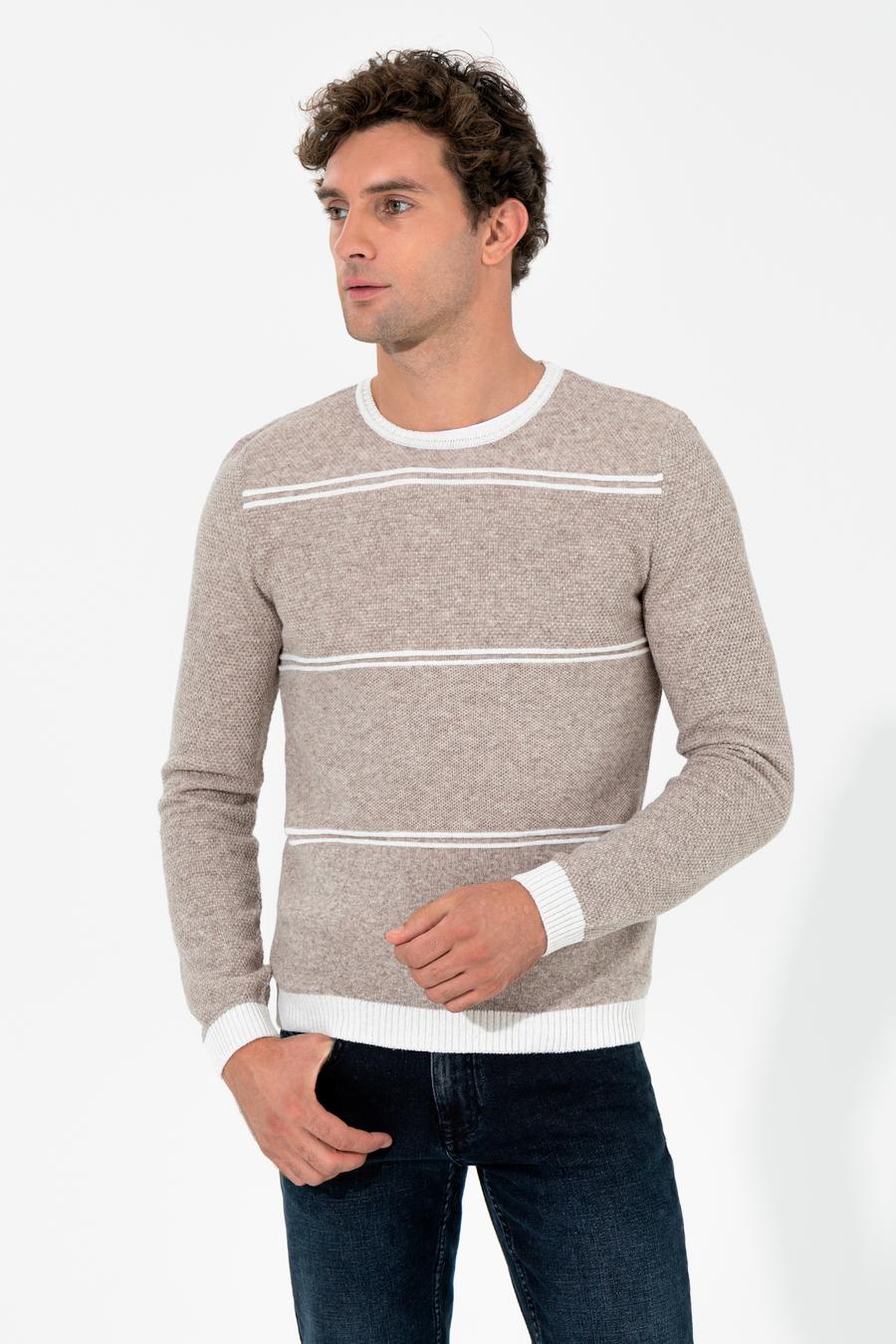Bej Slim Fit Yün Karışımlı Bisiklet Yaka Triko Kazak - 50258829018