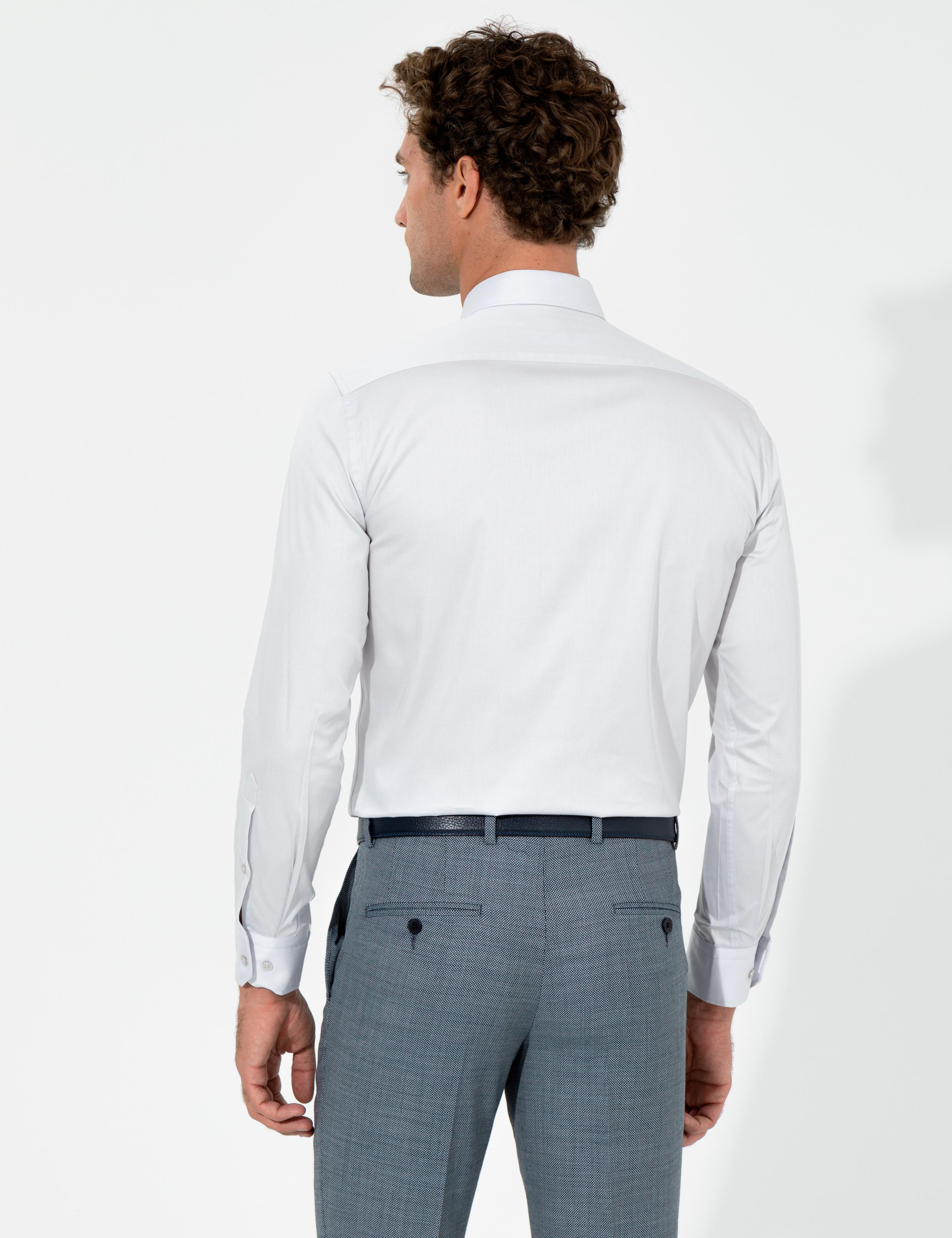 Açık Gri Slim Fit Uzun Kollu Basic Gömlek - 50259813006