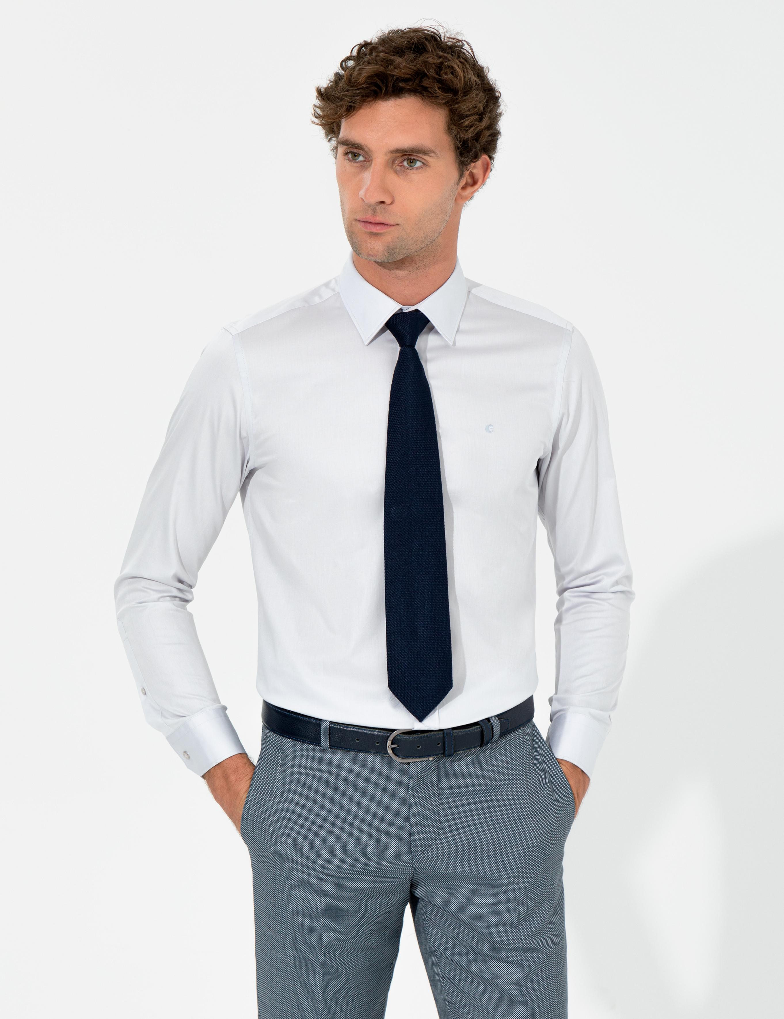 Açık Gri Slim Fit Uzun Kollu Basic Gömlek - 50259813006