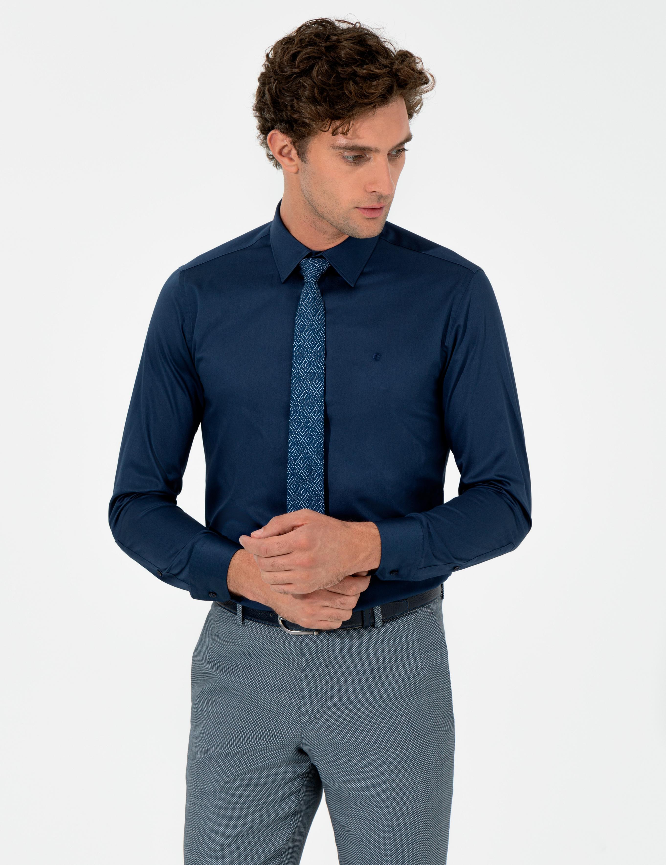 Lacivert Slim Fit Uzun Kollu Basic Gömlek - 50259813082