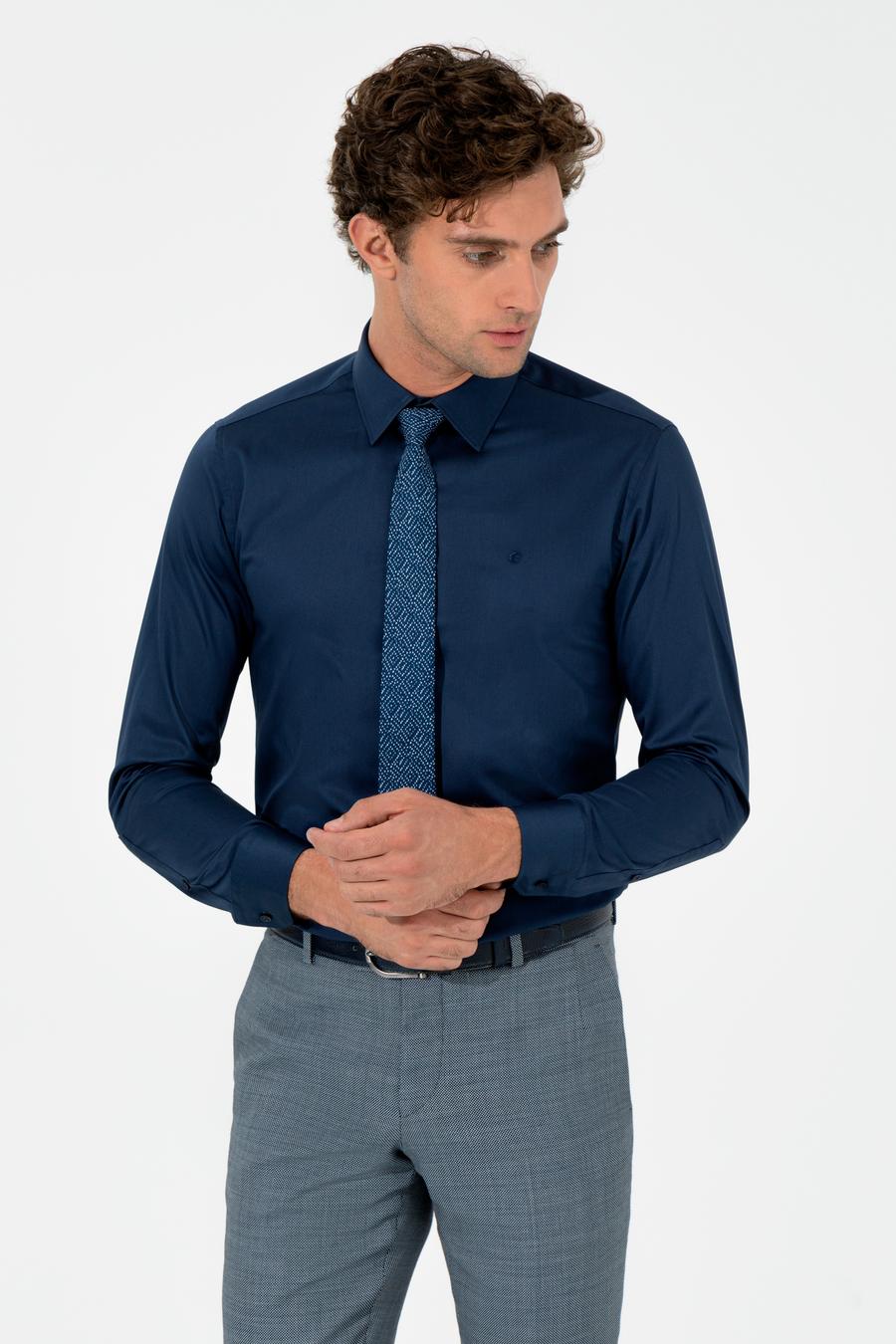 Lacivert Slim Fit Uzun Kollu Basic Gömlek - 50259813082