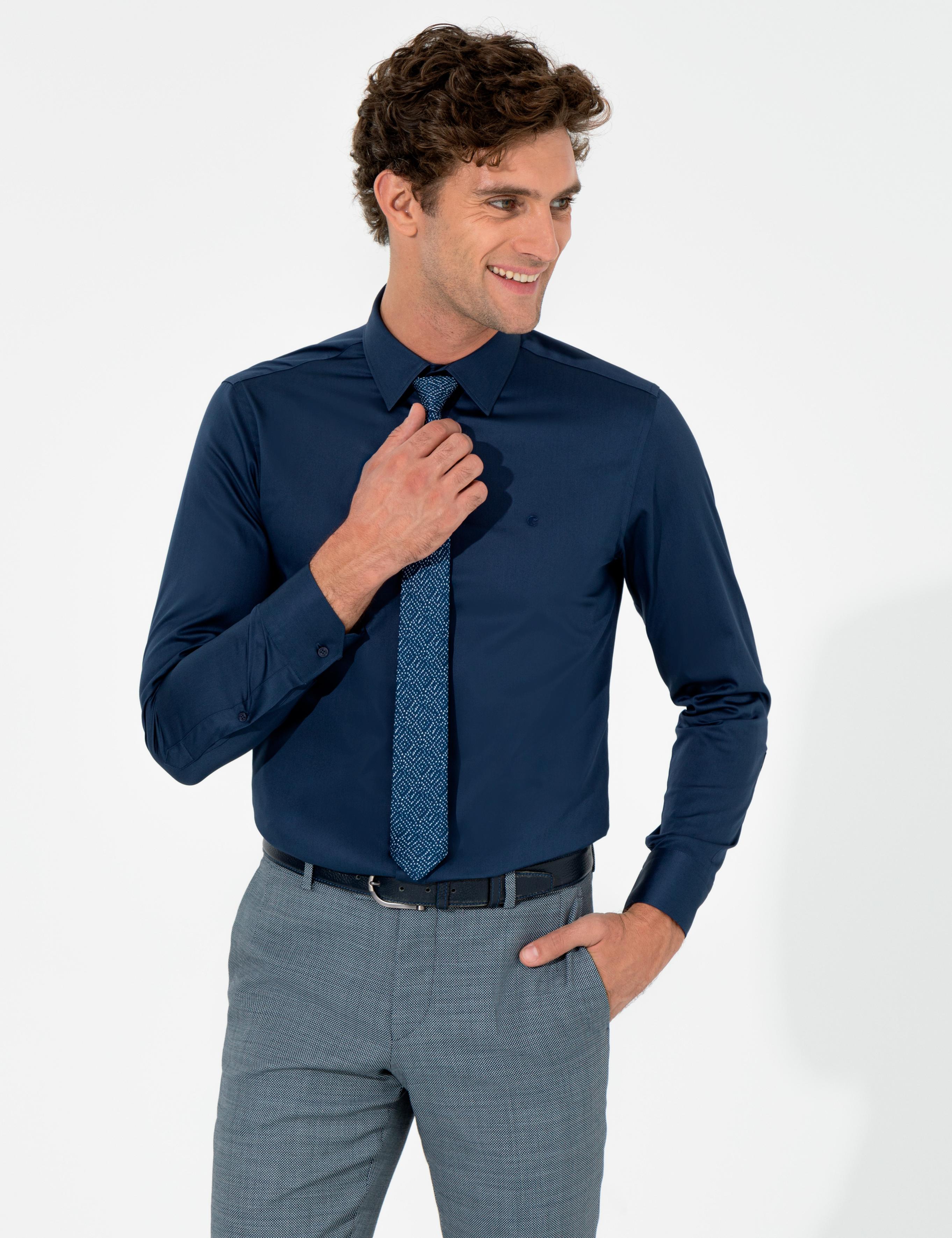 Lacivert Slim Fit Uzun Kollu Basic Gömlek - 50259813082