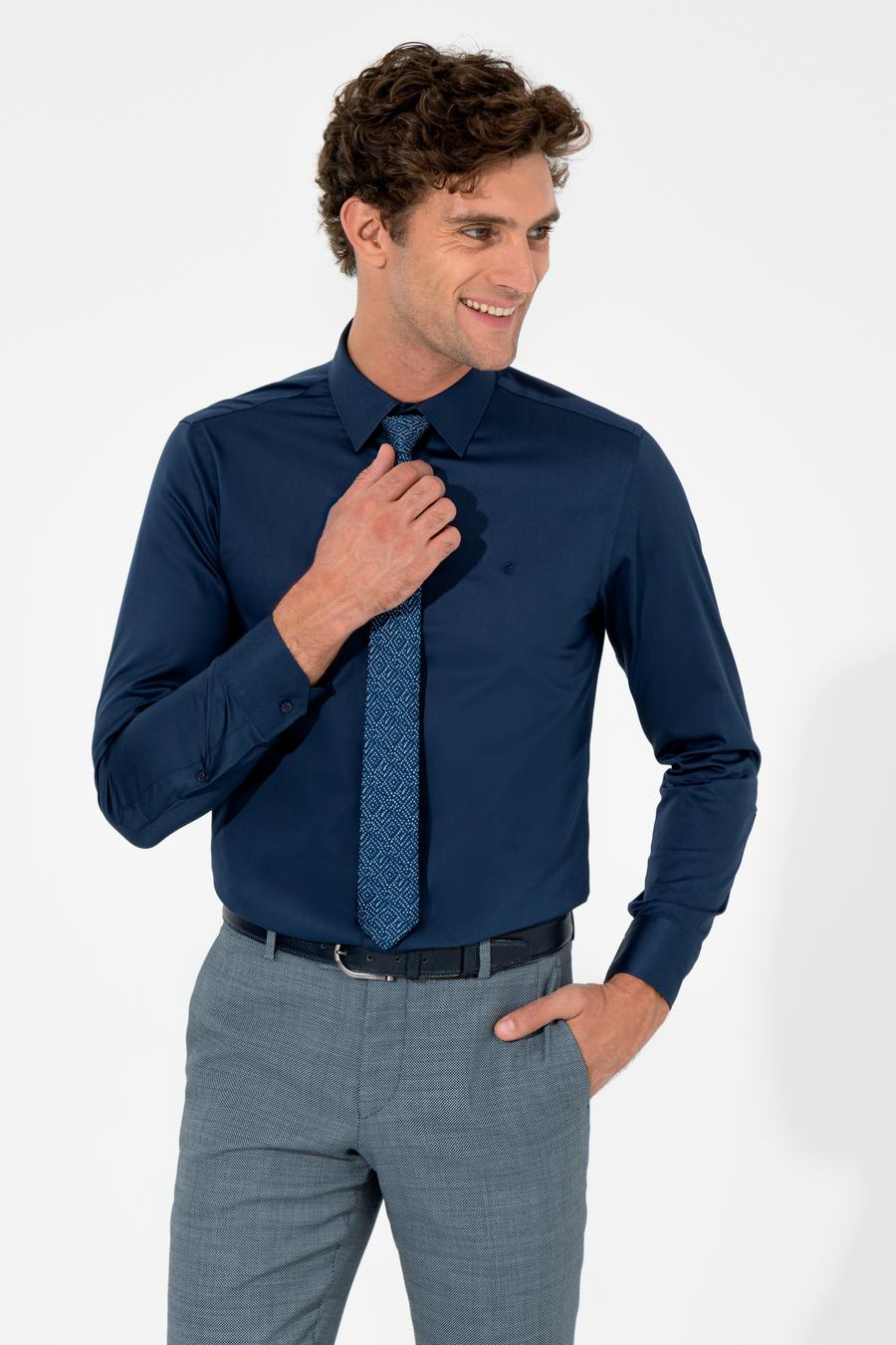Lacivert Slim Fit Uzun Kollu Basic Gömlek - 50259813082