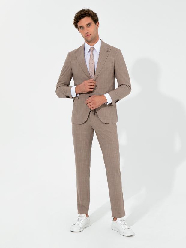 Bej Slim Fit Yün Karışımlı Kırlangıç Yaka Çizgili Takım Elbise