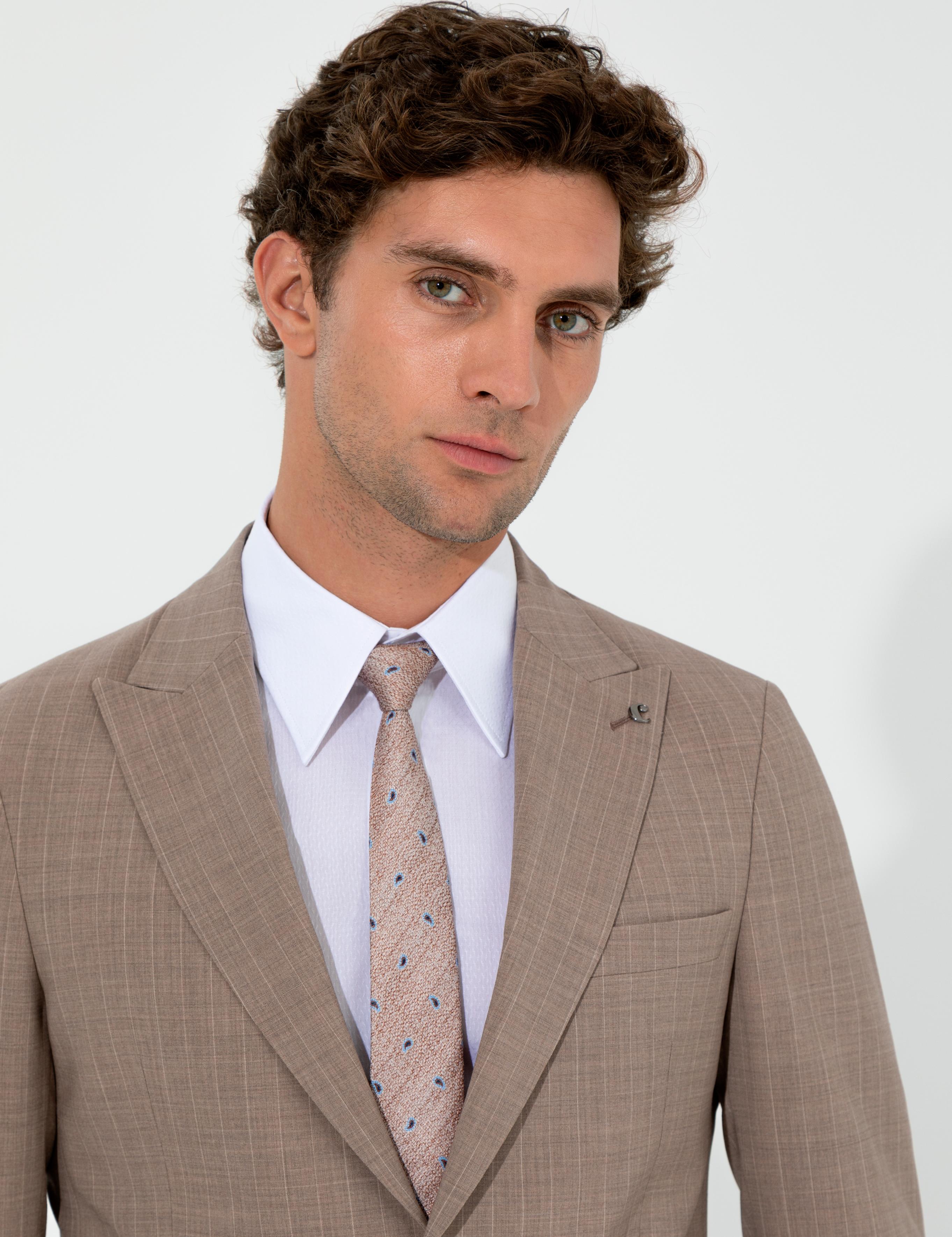 Bej Slim Fit Yün Karışımlı Kırlangıç Yaka Çizgili Takım Elbise - 50260681015
