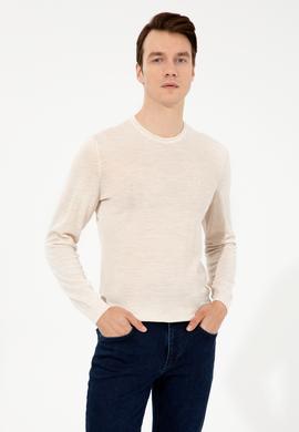 Bej Slim Fit Bisiklet Yaka Basic Triko Kazak
