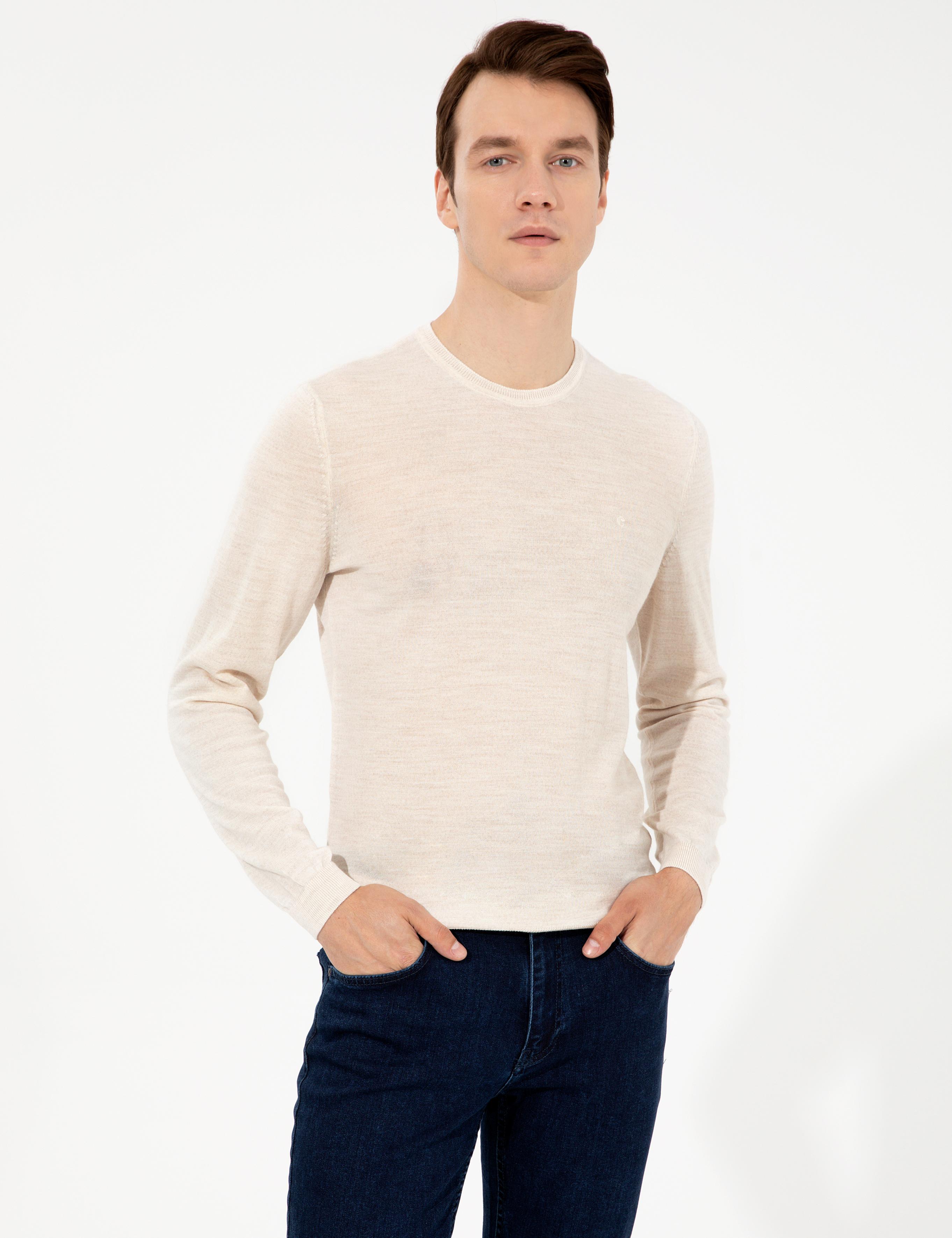 Bej Slim Fit Bisiklet Yaka Basic Triko Kazak - 50227052041
