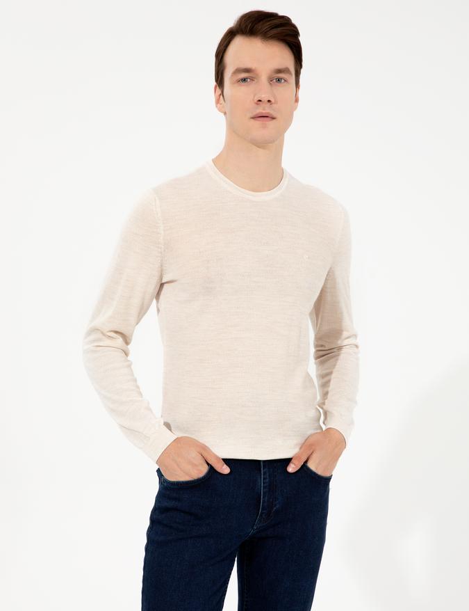 Bej Slim Fit Bisiklet Yaka Basic Triko Kazak
