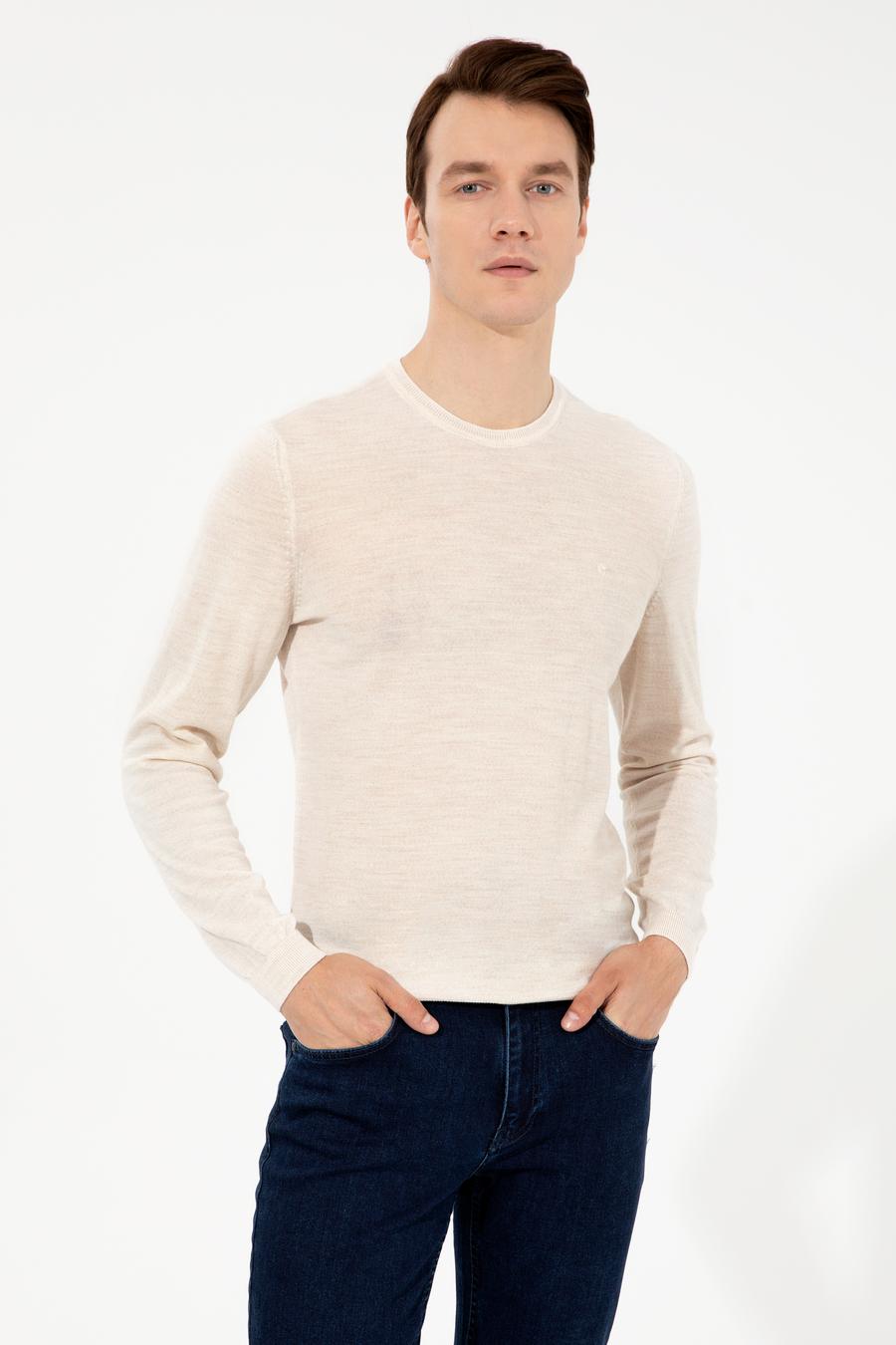 Bej Slim Fit Bisiklet Yaka Basic Triko Kazak - 50227052041