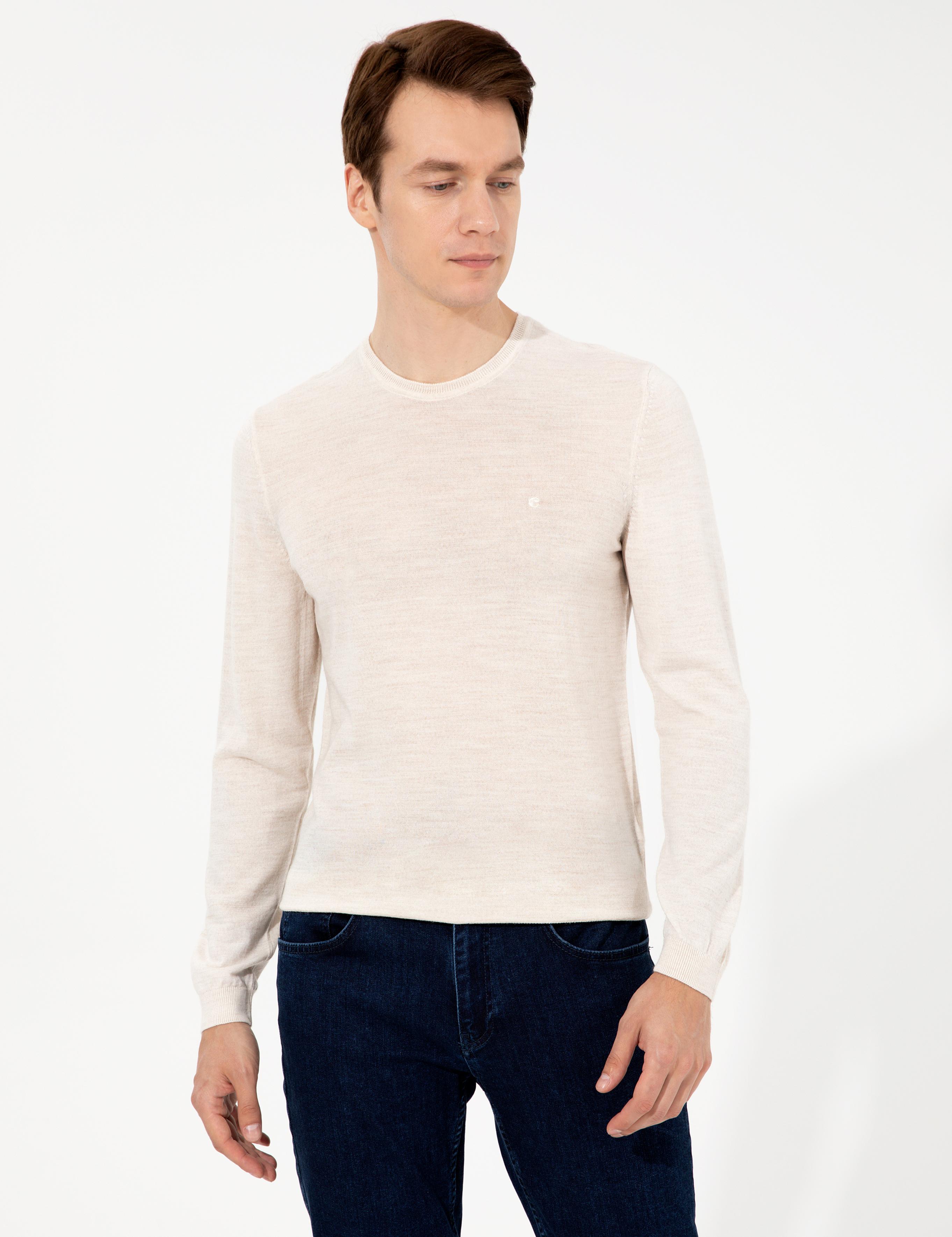 Bej Slim Fit Bisiklet Yaka Basic Triko Kazak - 50227052041