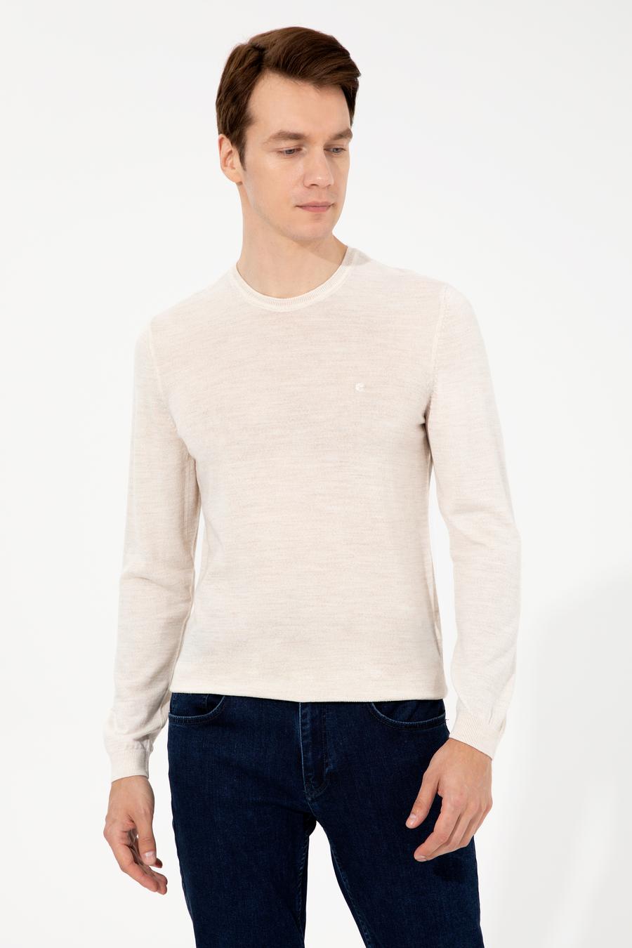 Bej Slim Fit Bisiklet Yaka Basic Triko Kazak - 50227052041