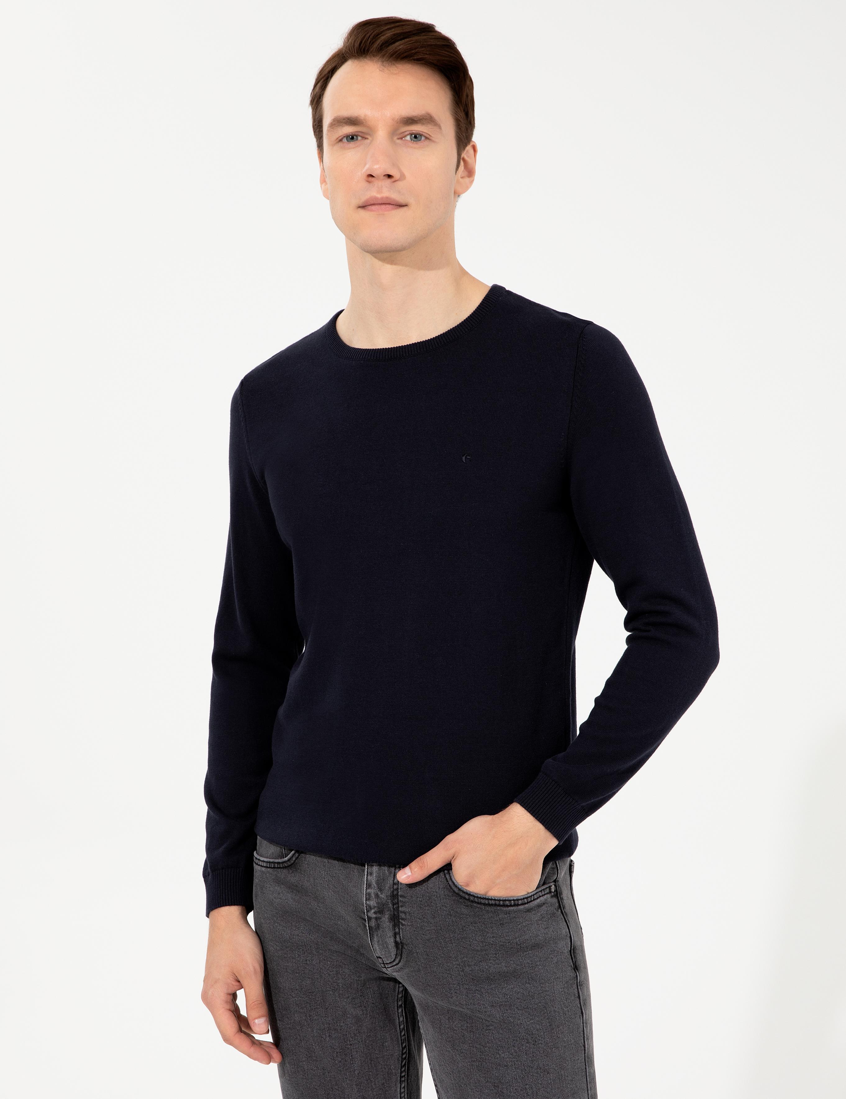 Lacivert Slim Fit Bisiklet Yaka Basic Triko Kazak - 50229585109