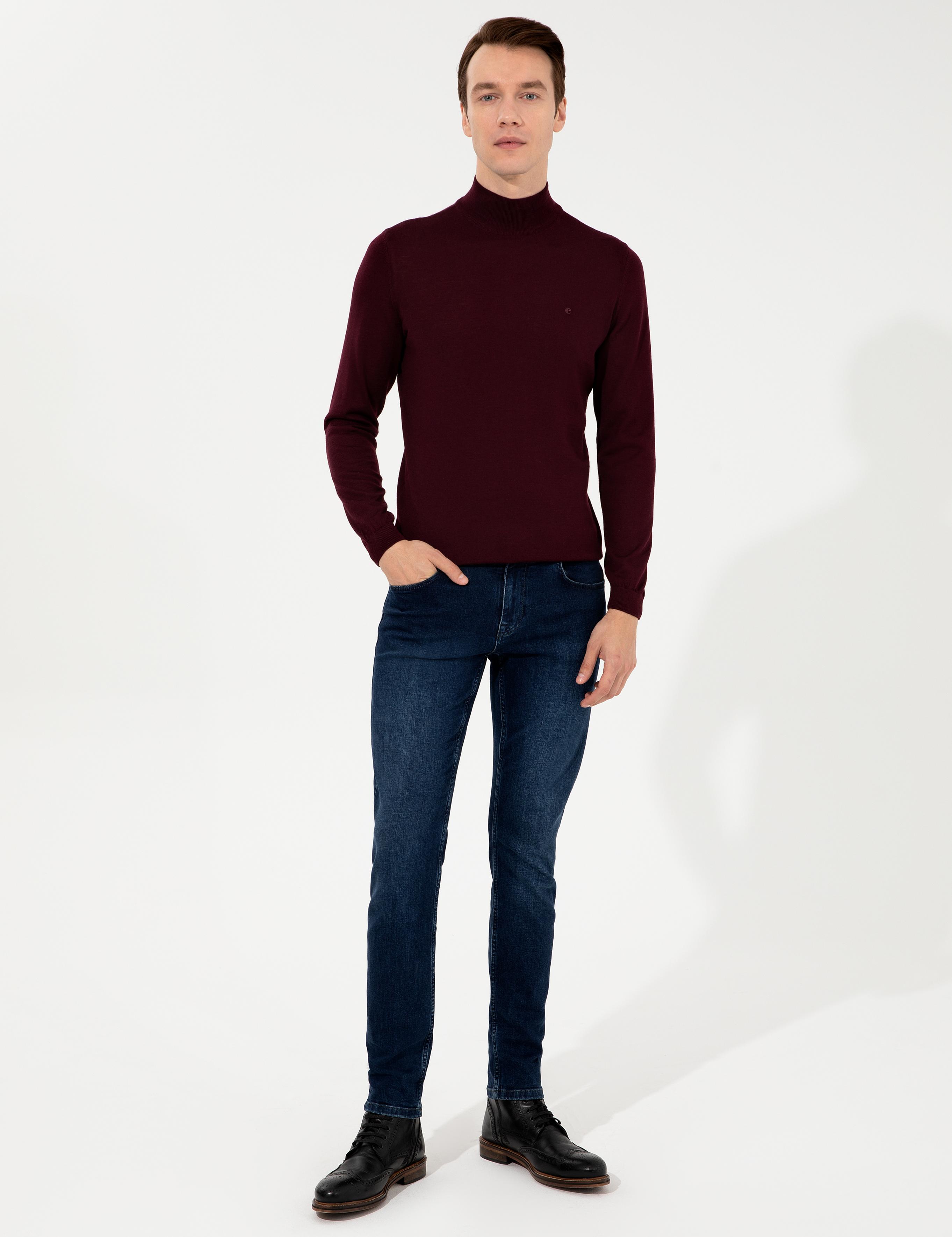 Koyu Bordo Slim Fit Yarım Balıkçı Basic Triko Kazak - 50237040234