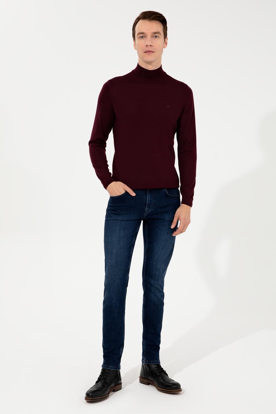 Koyu Bordo Slim Fit Yarım Balıkçı Basic Triko Kazak - 50237040234