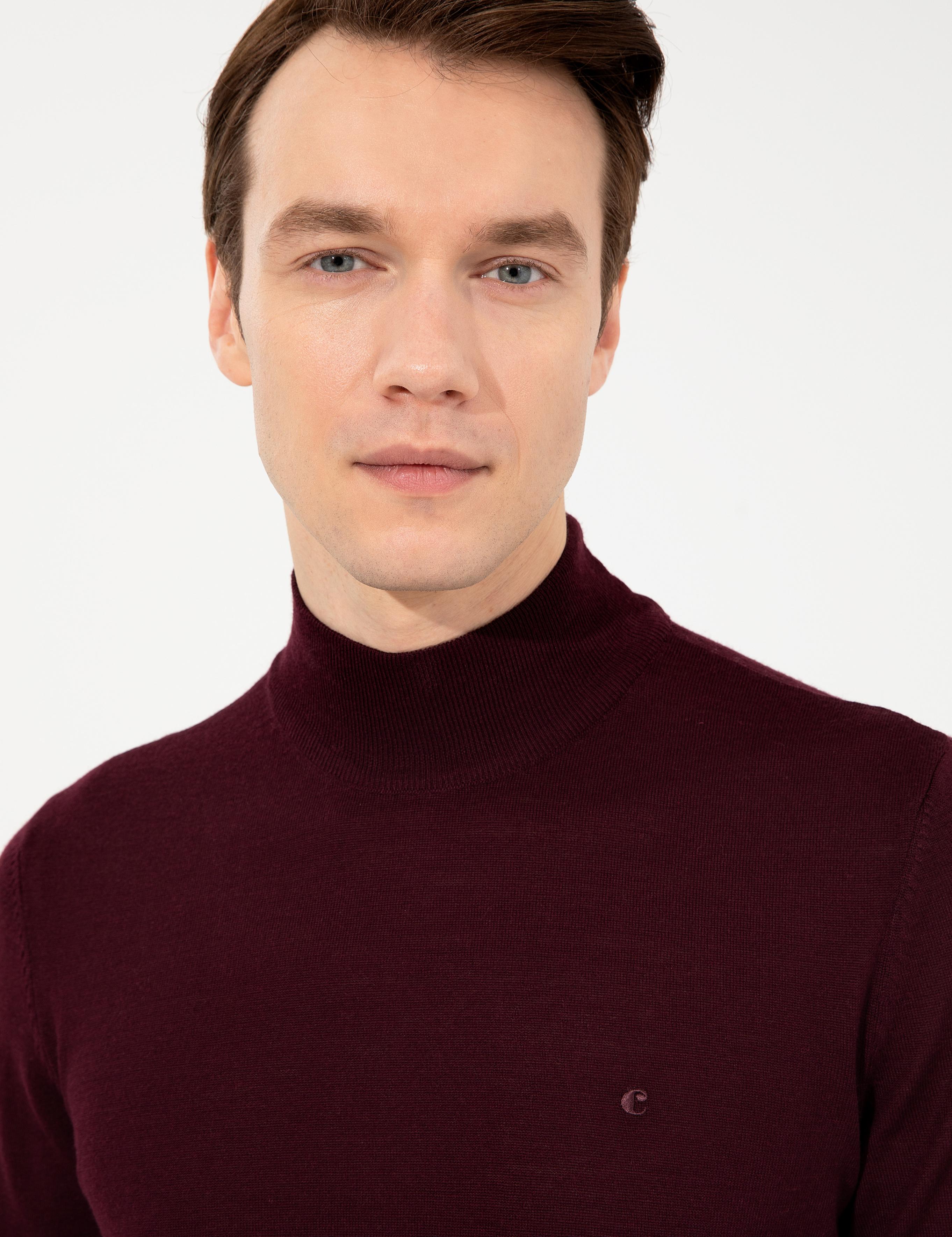 Koyu Bordo Slim Fit Yarım Balıkçı Basic Triko Kazak - 50237040234