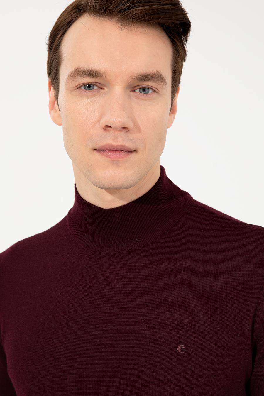Koyu Bordo Slim Fit Yarım Balıkçı Basic Triko Kazak - 50237040234