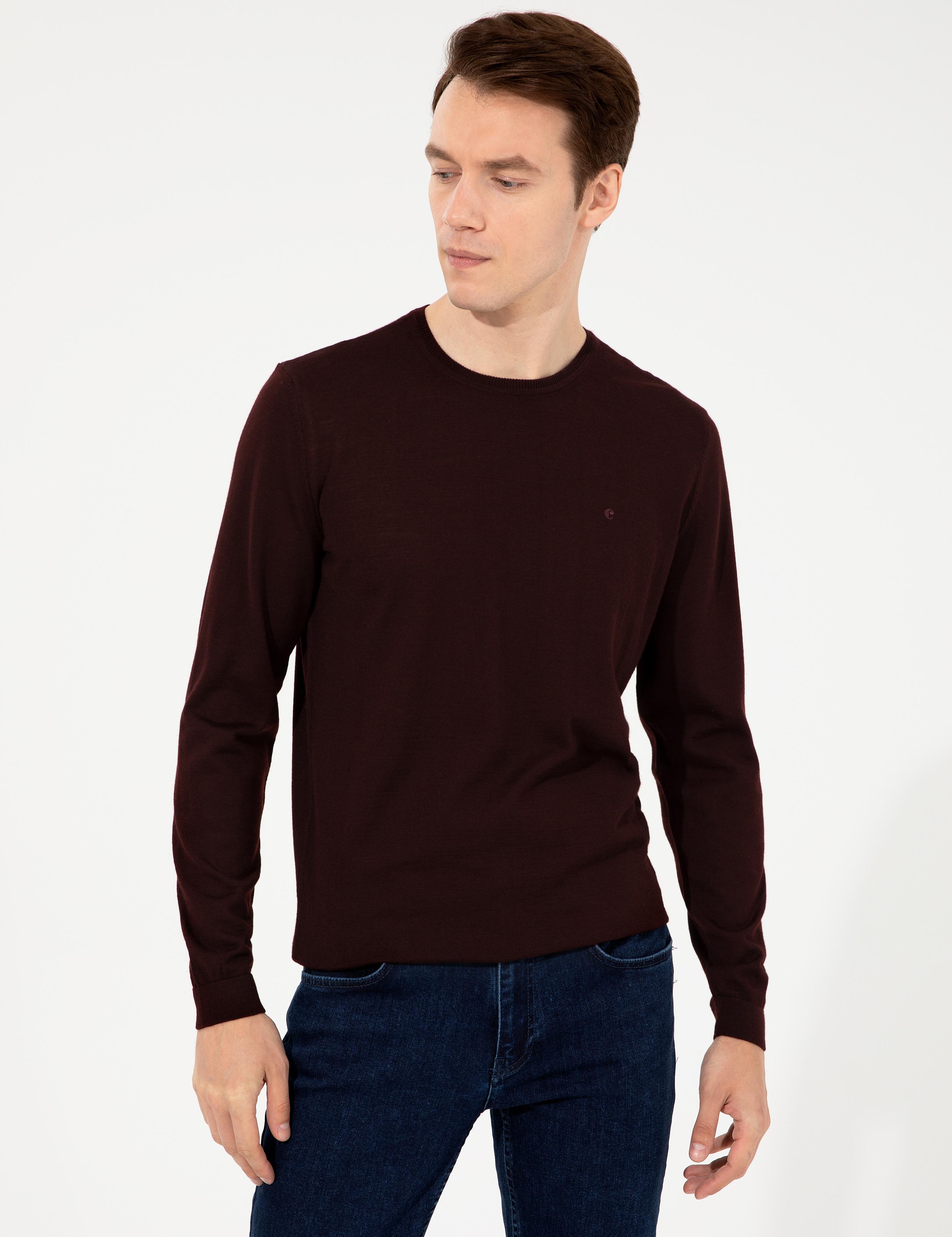 Koyu Bordo Slim Fit Bisiklet Yaka Basic Triko Kazak - 50237038224