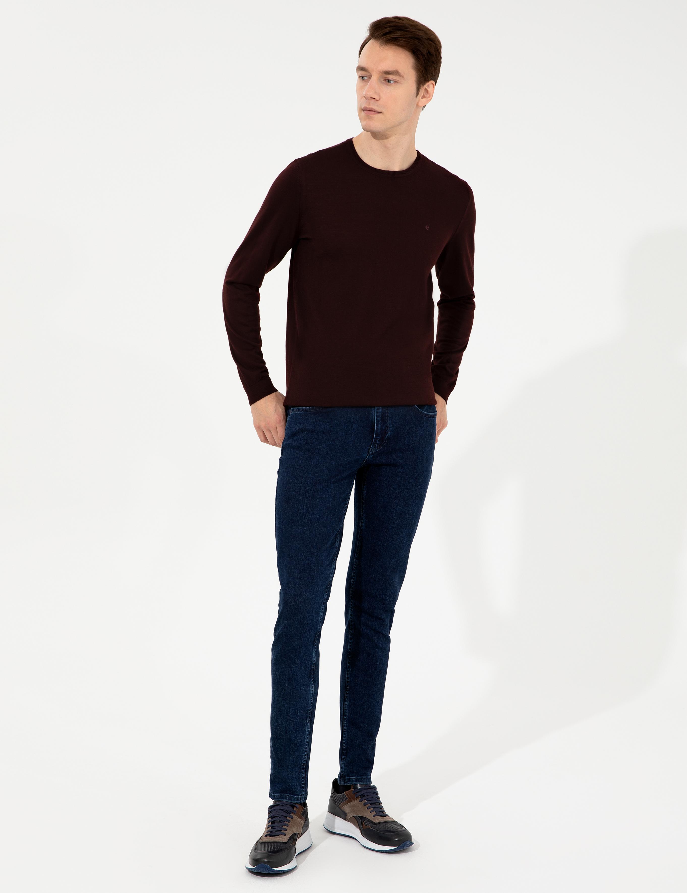 Koyu Bordo Slim Fit Bisiklet Yaka Basic Triko Kazak - 50237038224