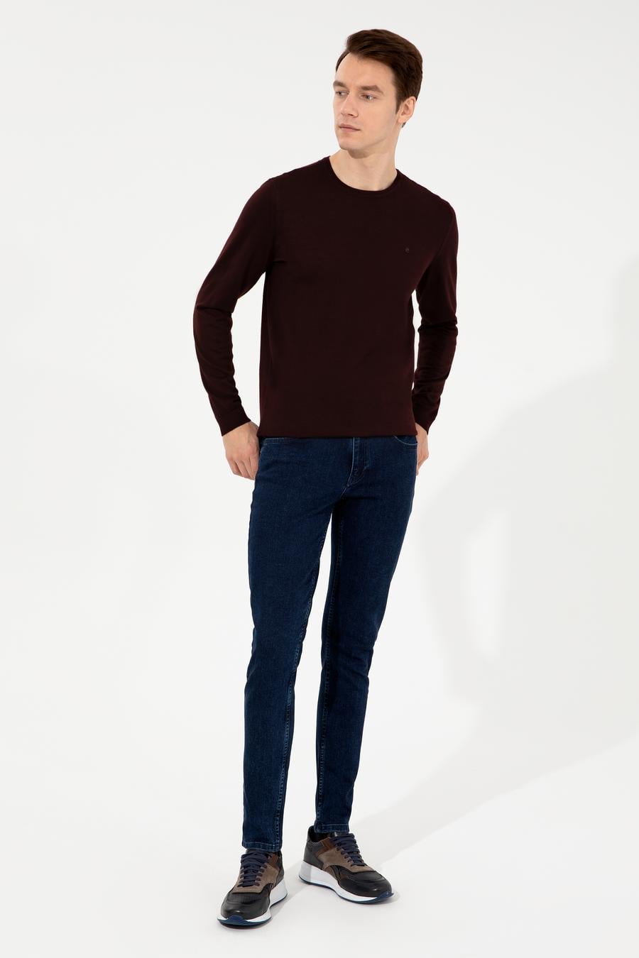 Koyu Bordo Slim Fit Bisiklet Yaka Basic Triko Kazak - 50237038224
