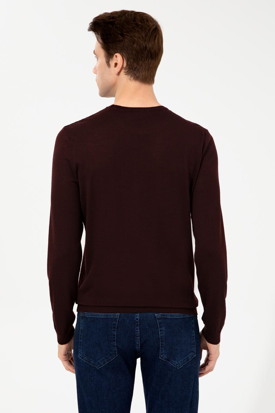 Koyu Bordo Slim Fit Bisiklet Yaka Basic Triko Kazak - 50237038224