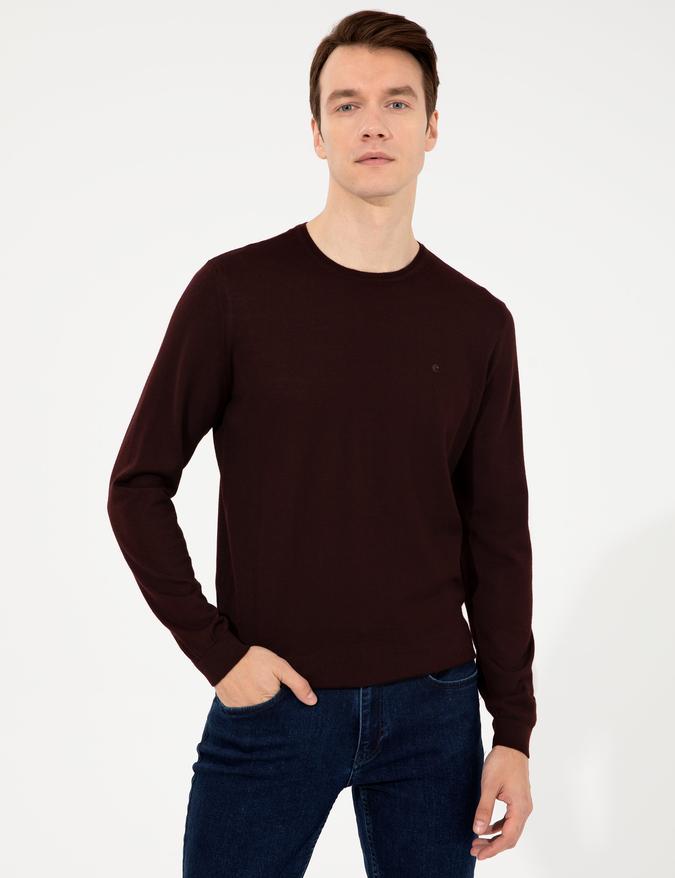 Koyu Bordo Slim Fit Bisiklet Yaka Basic Triko Kazak