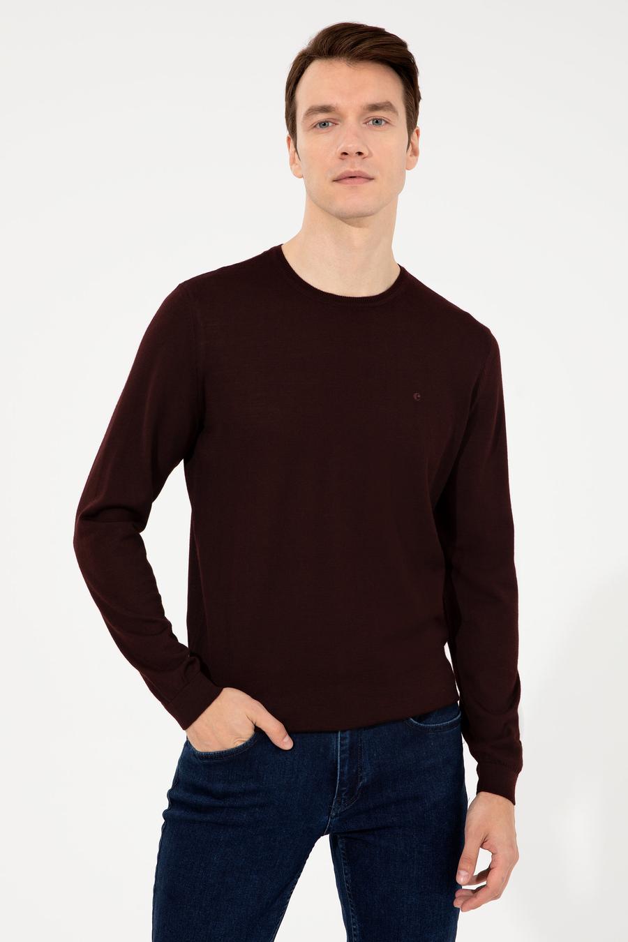 Koyu Bordo Slim Fit Bisiklet Yaka Basic Triko Kazak - 50237038224