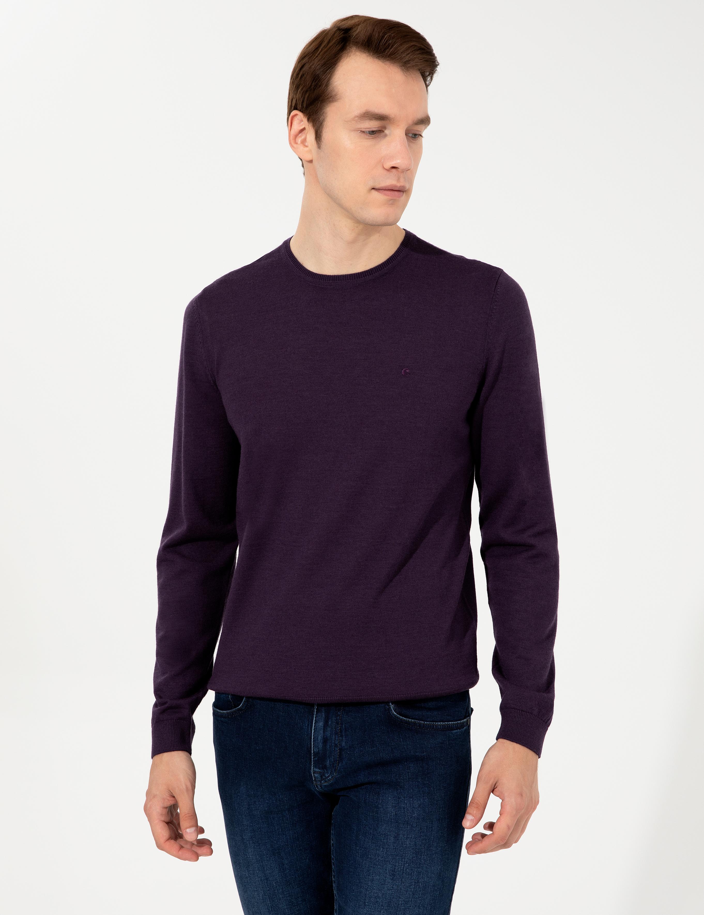 Mor Slim Fit Bisiklet Yaka Basic Triko Kazak - 50237038060