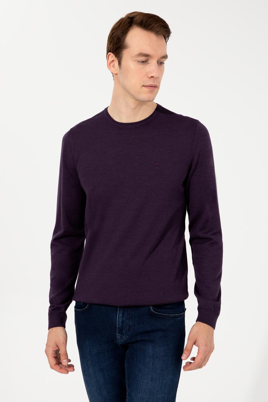 Mor Slim Fit Bisiklet Yaka Basic Triko Kazak - 50237038060