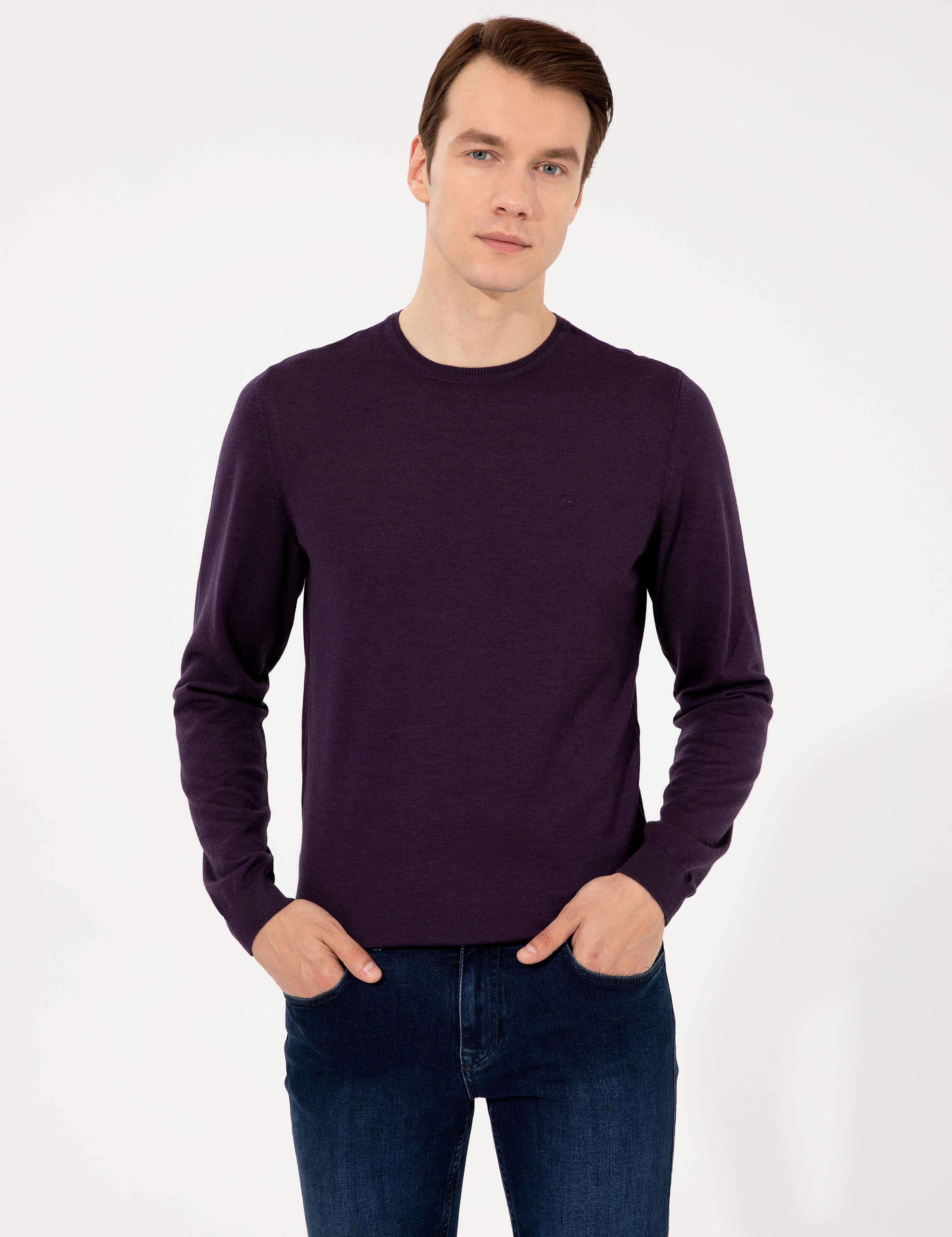 Mor Slim Fit Bisiklet Yaka Basic Triko Kazak - 50237038060