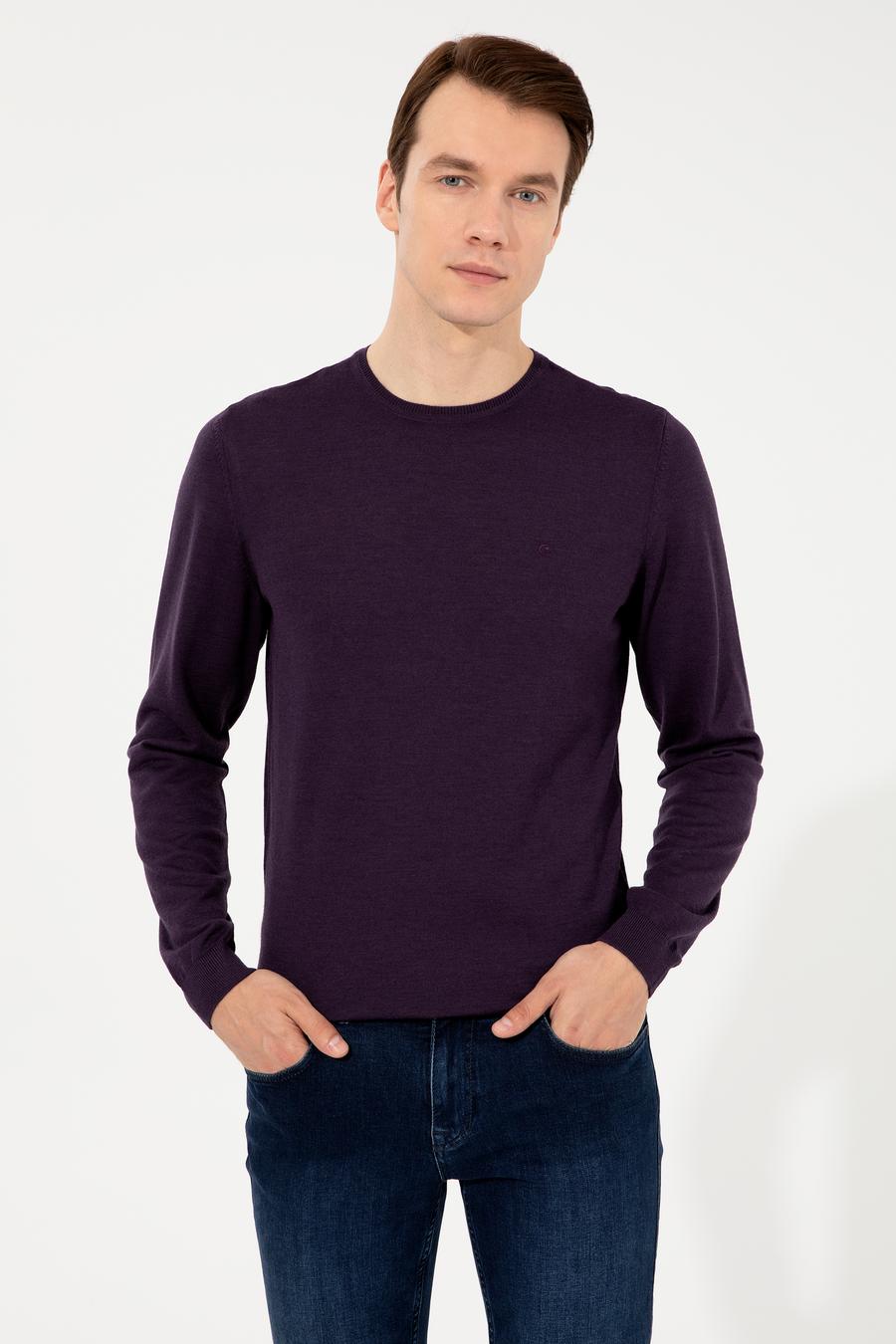 Mor Slim Fit Bisiklet Yaka Basic Triko Kazak - 50237038060