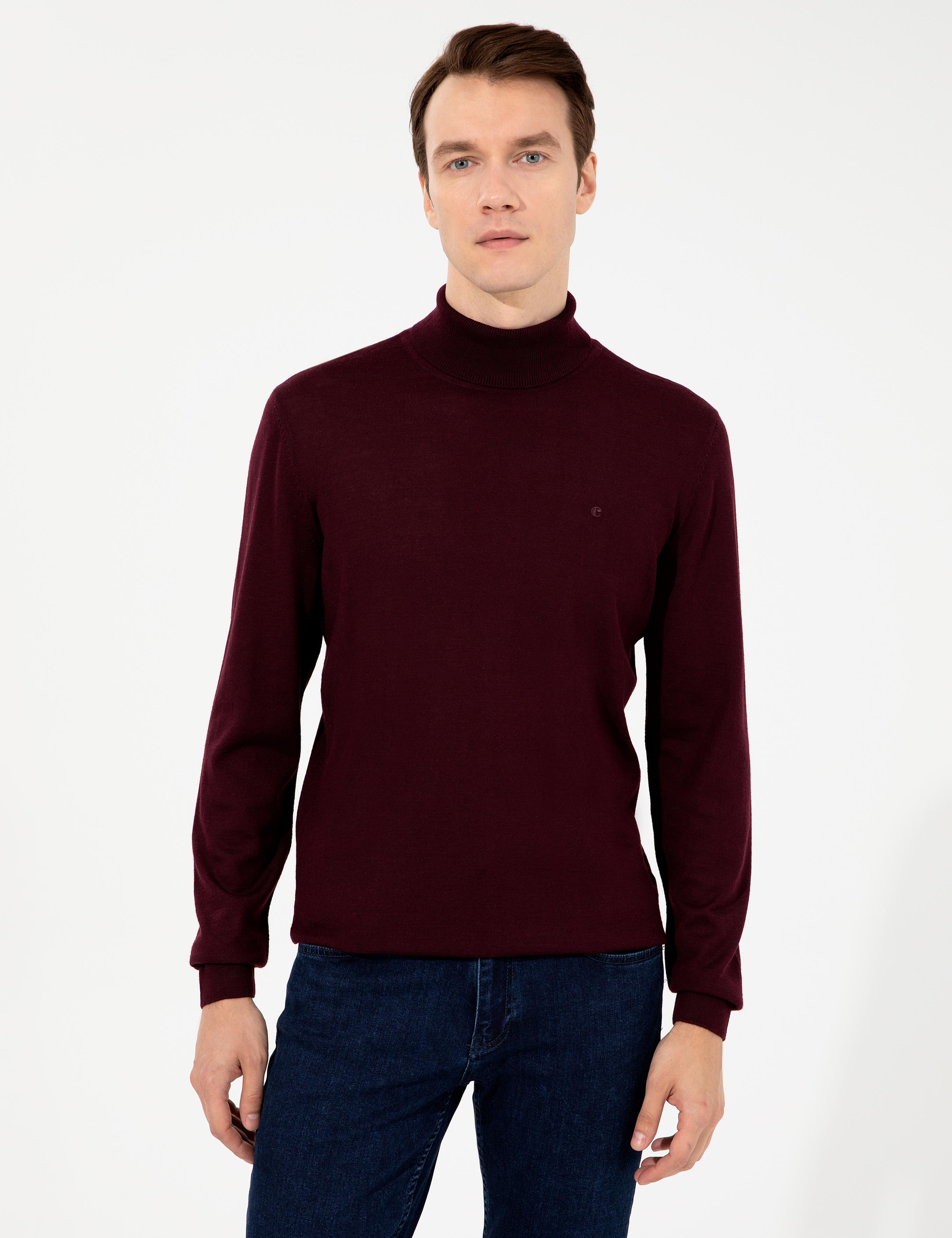 Koyu Bordo Slim Fit Balıkçı Yaka Basic Triko Kazak - 50237052212