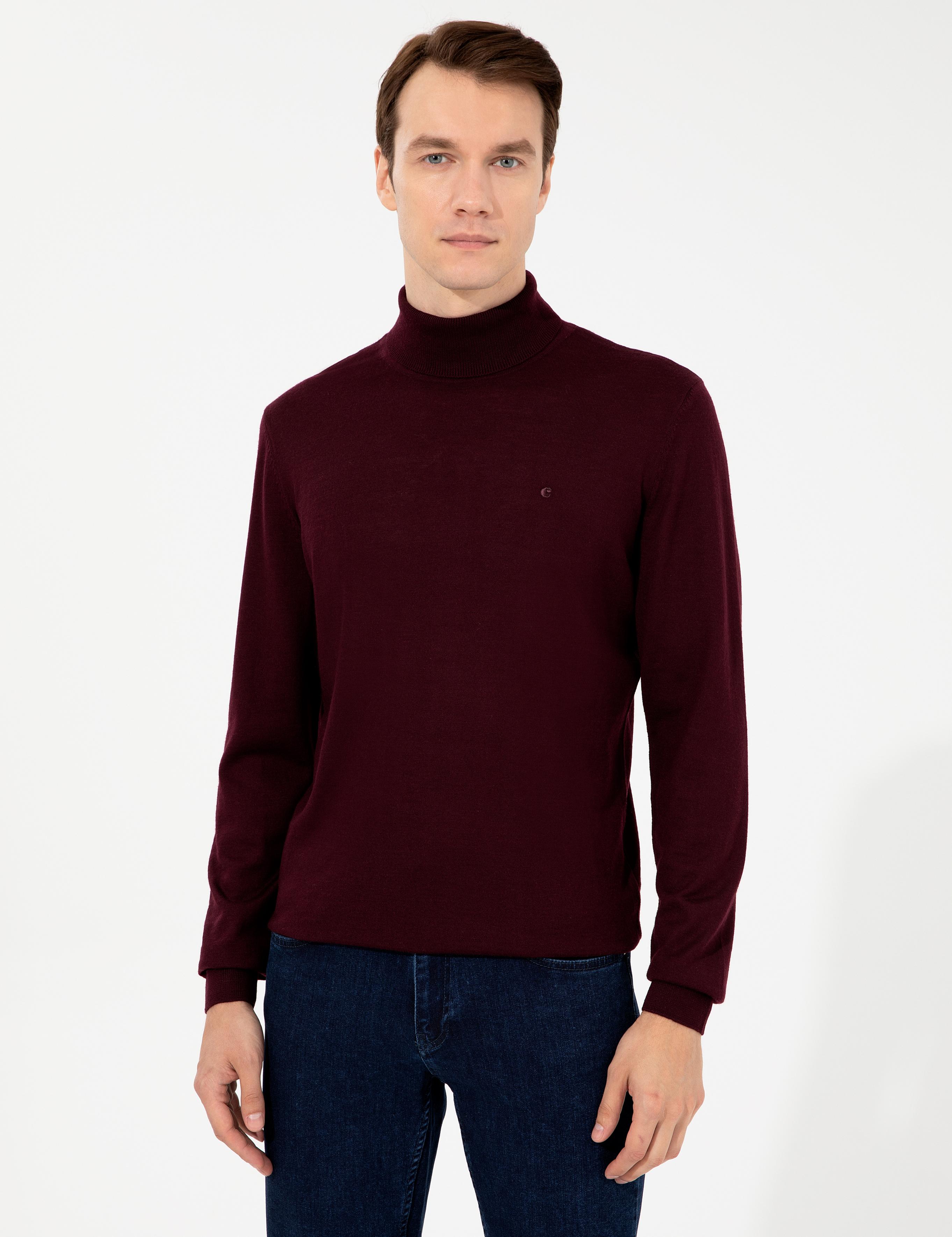 Koyu Bordo Slim Fit Balıkçı Yaka Basic Triko Kazak - 50237052212