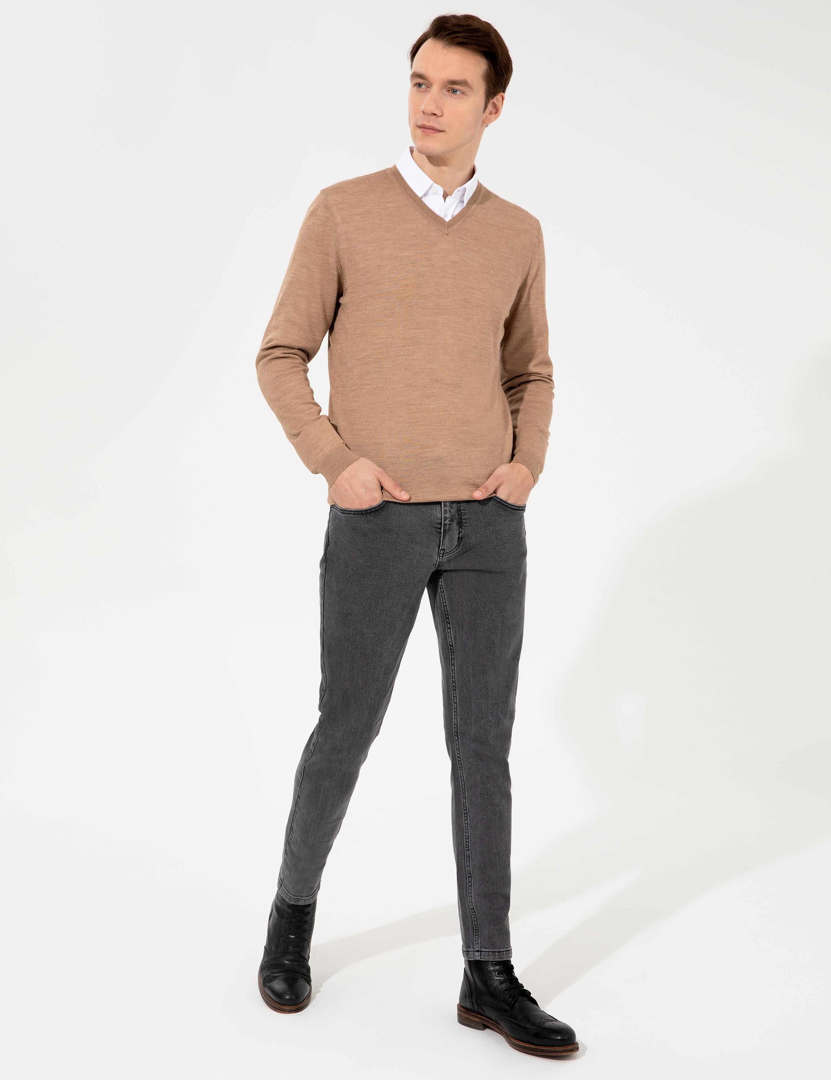 Camel Slim Fit V Yaka Basic Triko Kazak - 50237053044