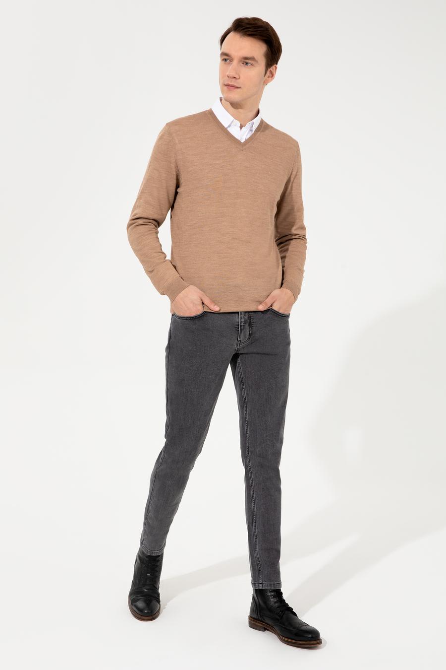 Camel Slim Fit V Yaka Basic Triko Kazak - 50237053044