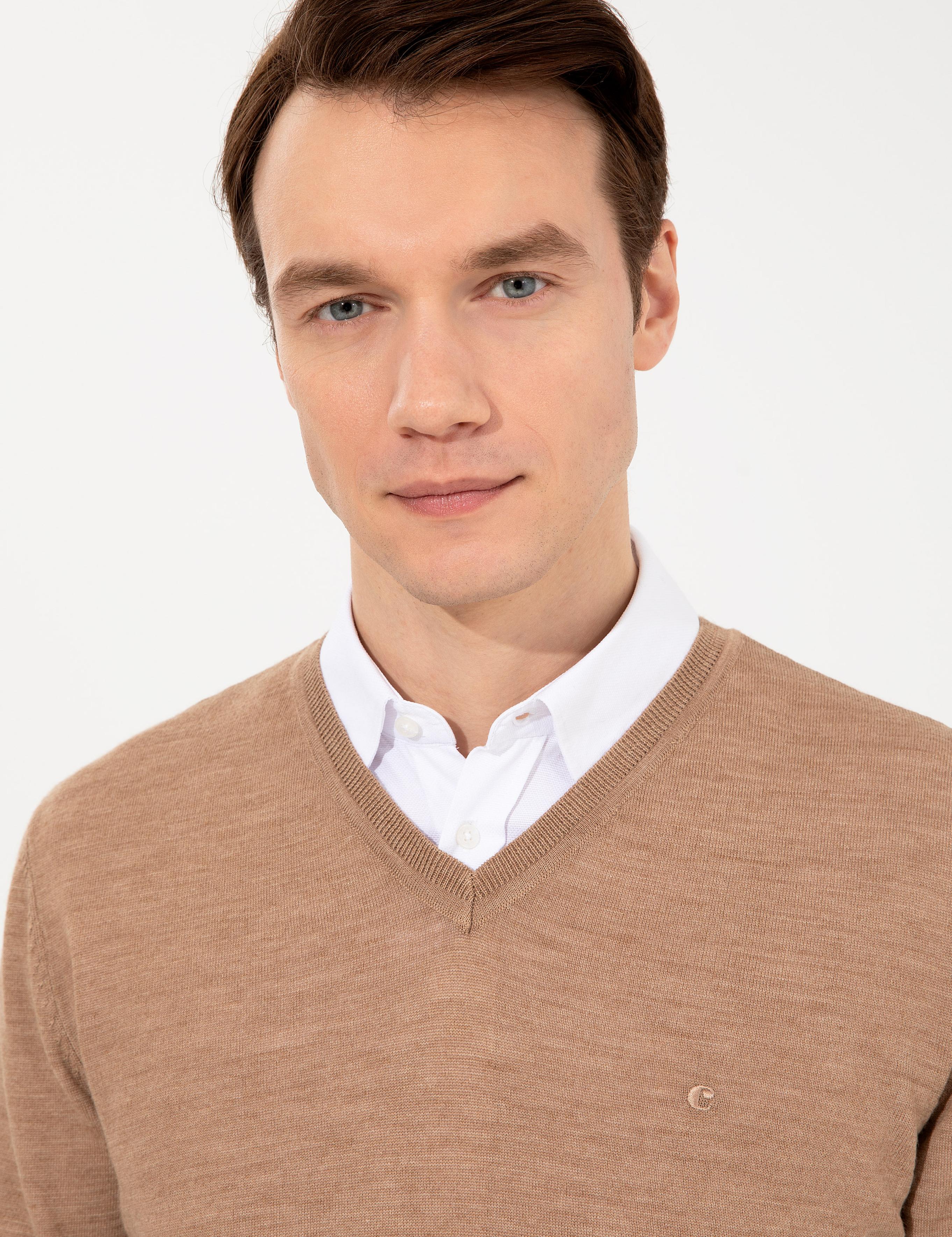 Camel Slim Fit V Yaka Basic Triko Kazak - 50237053044