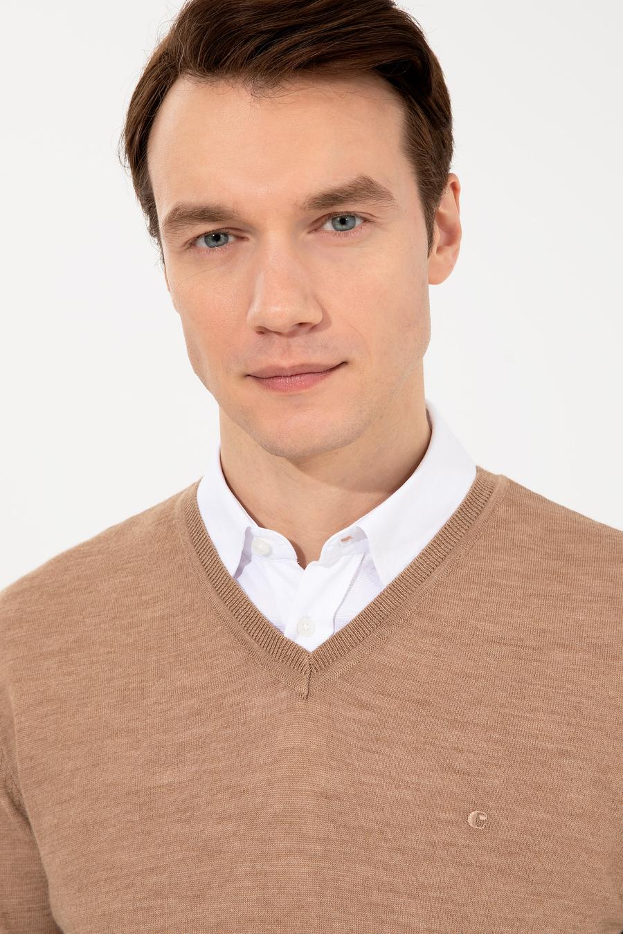 Camel Slim Fit V Yaka Basic Triko Kazak - 50237053044