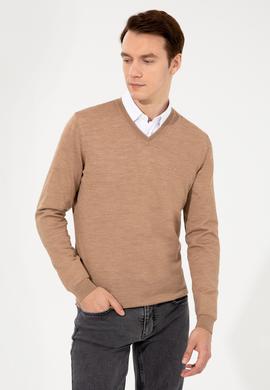 Camel Slim Fit V Yaka Basic Triko Kazak