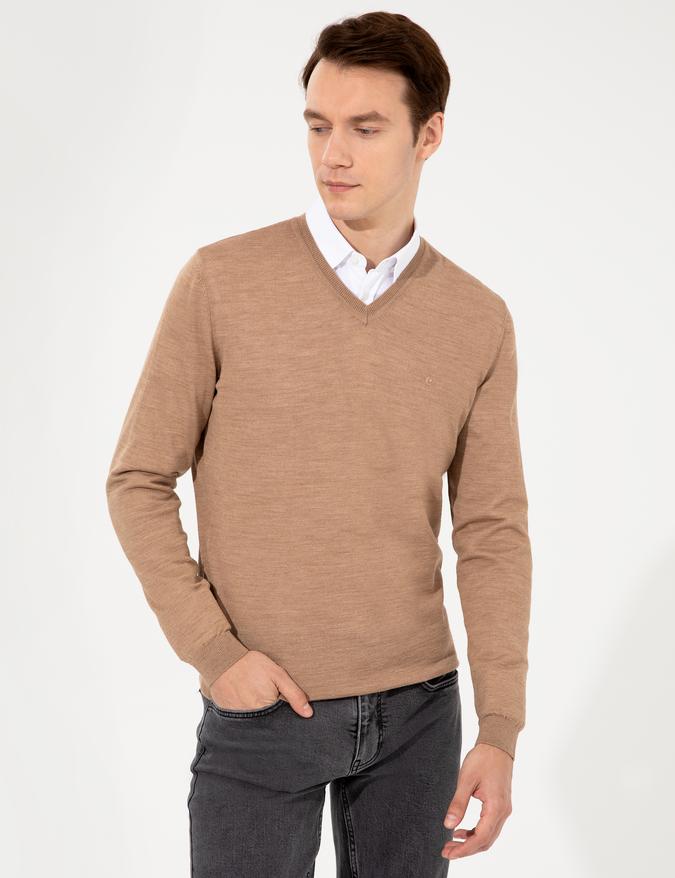 Camel Slim Fit V Yaka Basic Triko Kazak