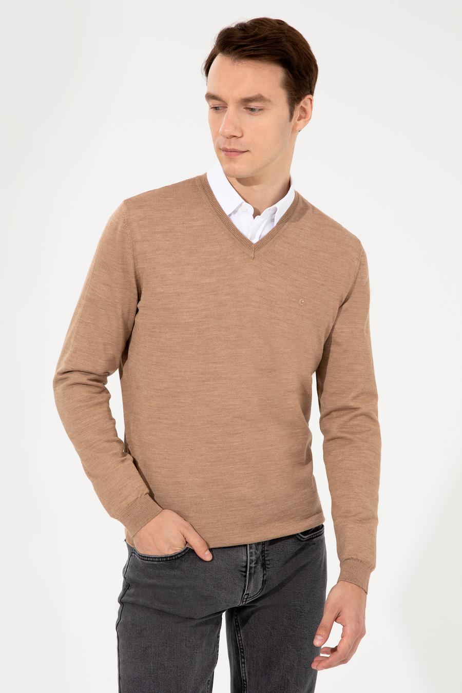Camel Slim Fit V Yaka Basic Triko Kazak - 50237053044
