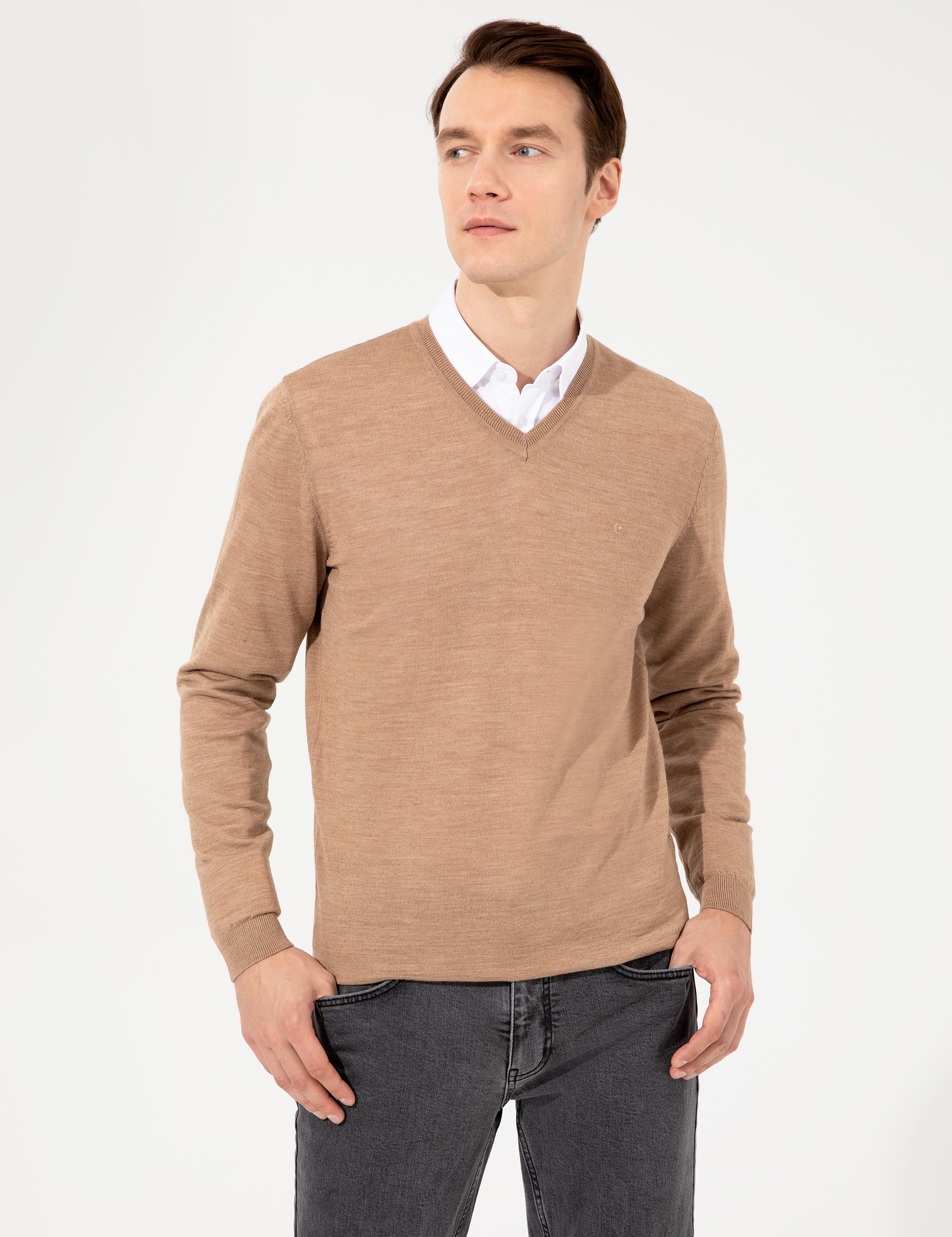 Camel Slim Fit V Yaka Basic Triko Kazak - 50237053044