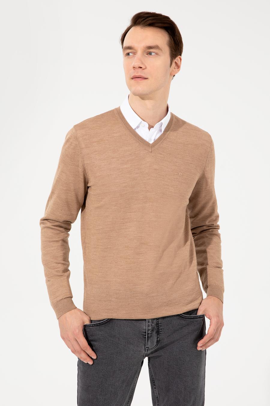 Camel Slim Fit V Yaka Basic Triko Kazak - 50237053044