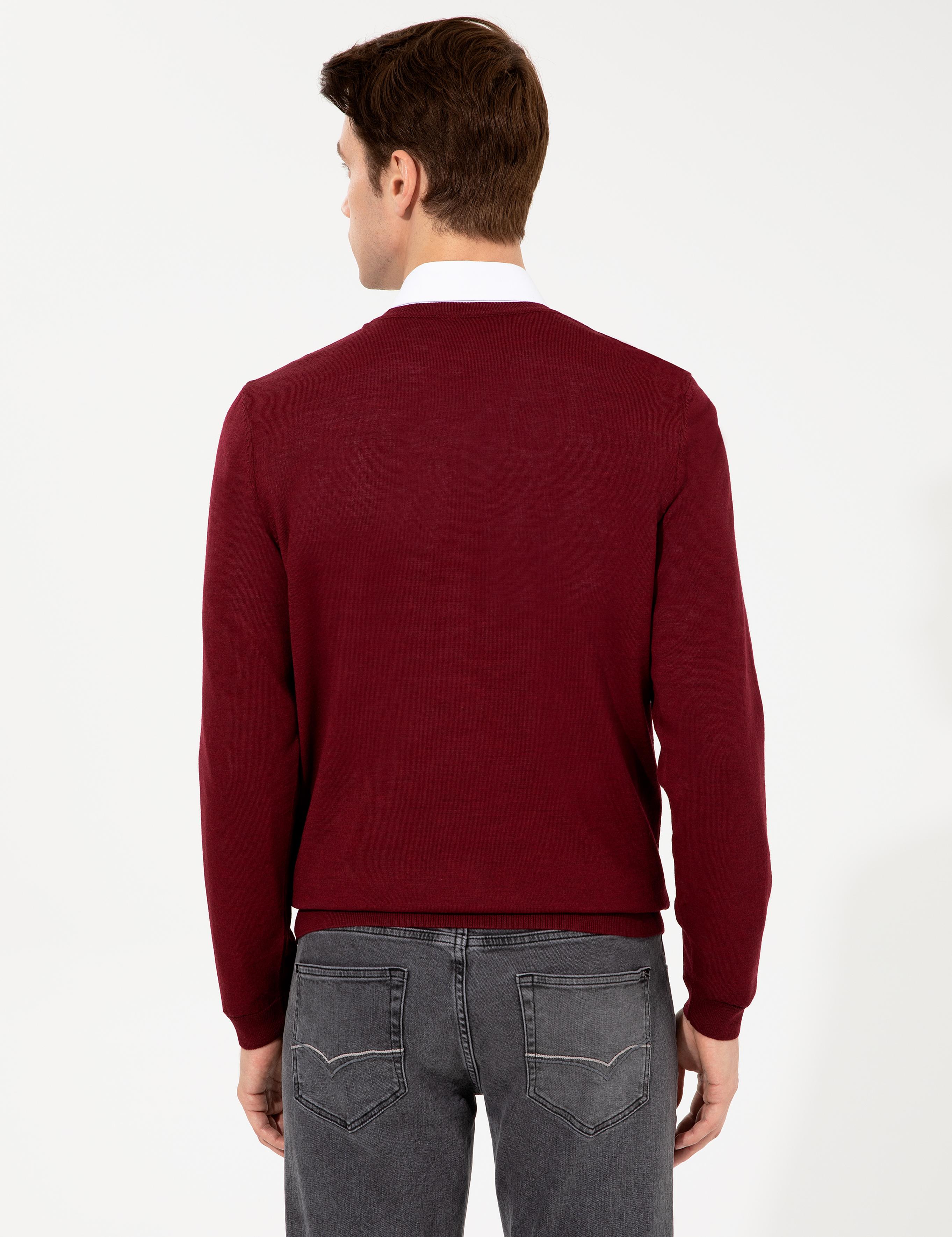 Bordo Slim Fit V Yaka Basic Triko Kazak - 50237053036