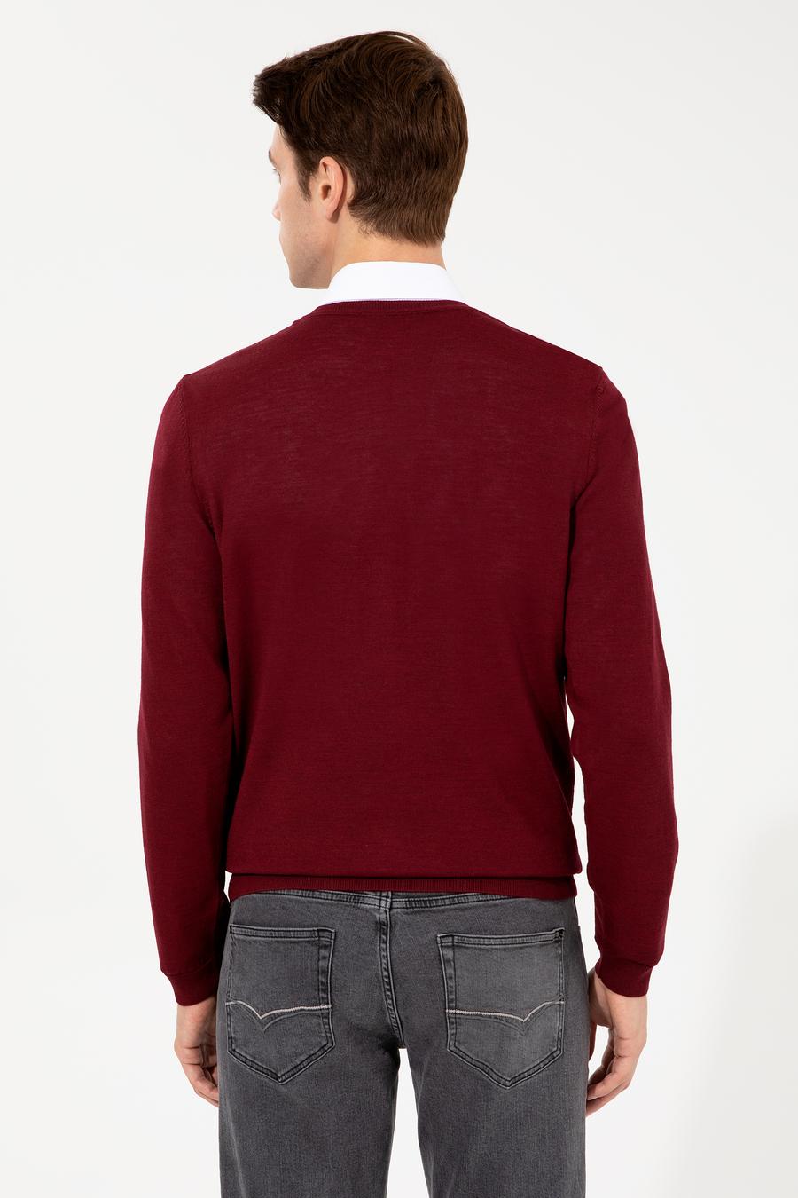 Bordo Slim Fit V Yaka Basic Triko Kazak - 50237053036