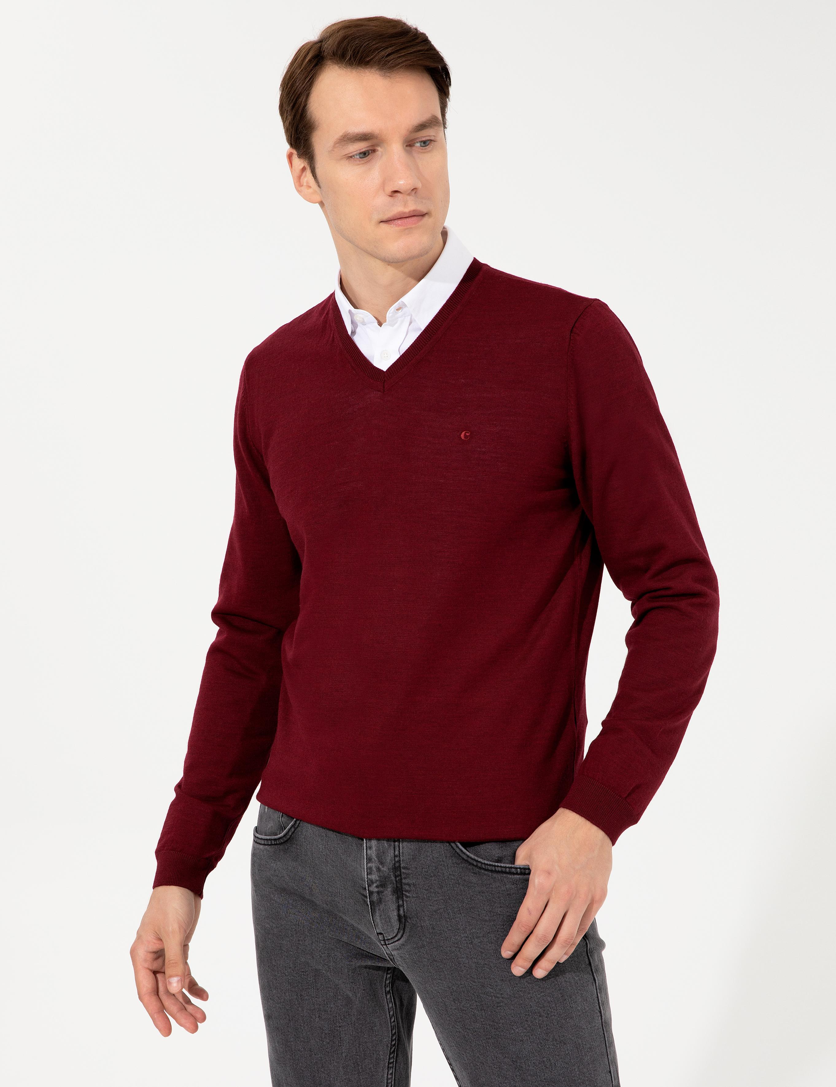 Bordo Slim Fit V Yaka Basic Triko Kazak - 50237053036